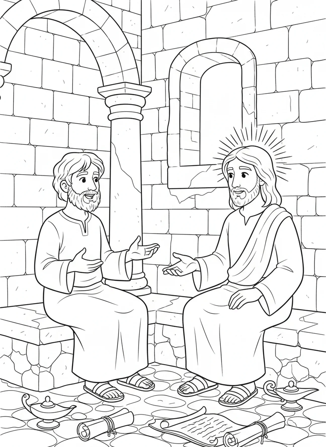 Saint André parlant à Jésus, page à colorier Saint André pour les enfants de l'École du dimanche âgés de 5 à 12 ans.