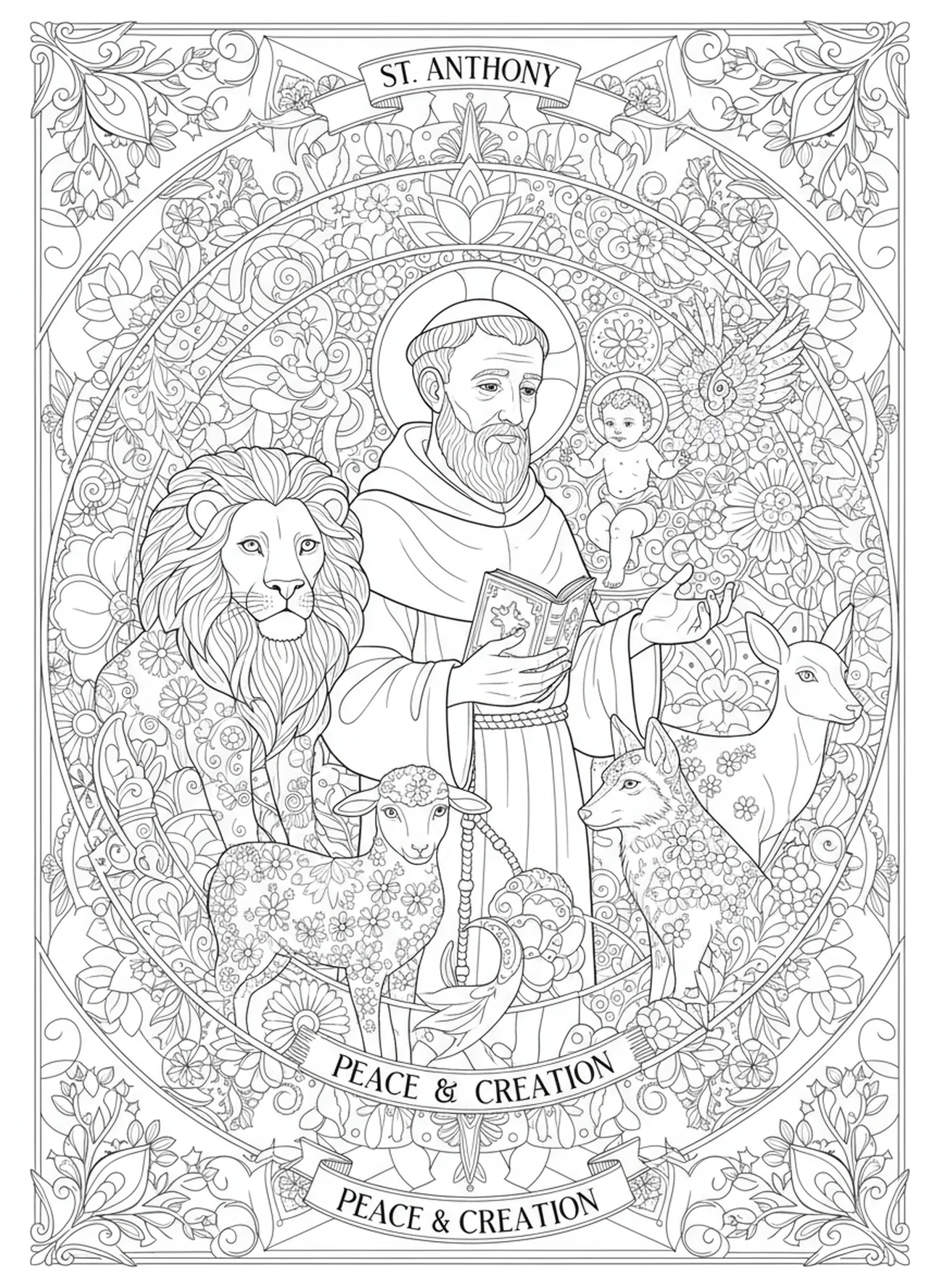 Der heilige Antonius umgeben von Tieren, Ausmalbild für Erwachsene im Stil des Bibeljournaling