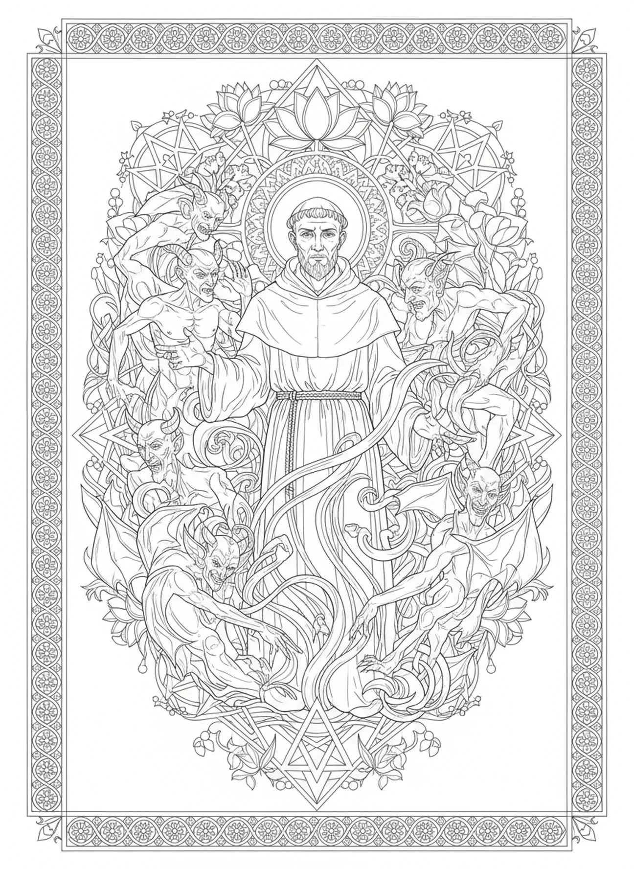 Der heilige Antonius konfrontiert Dämonen, Ausmalbild für Erwachsene im Bibel-Journaling-Stil