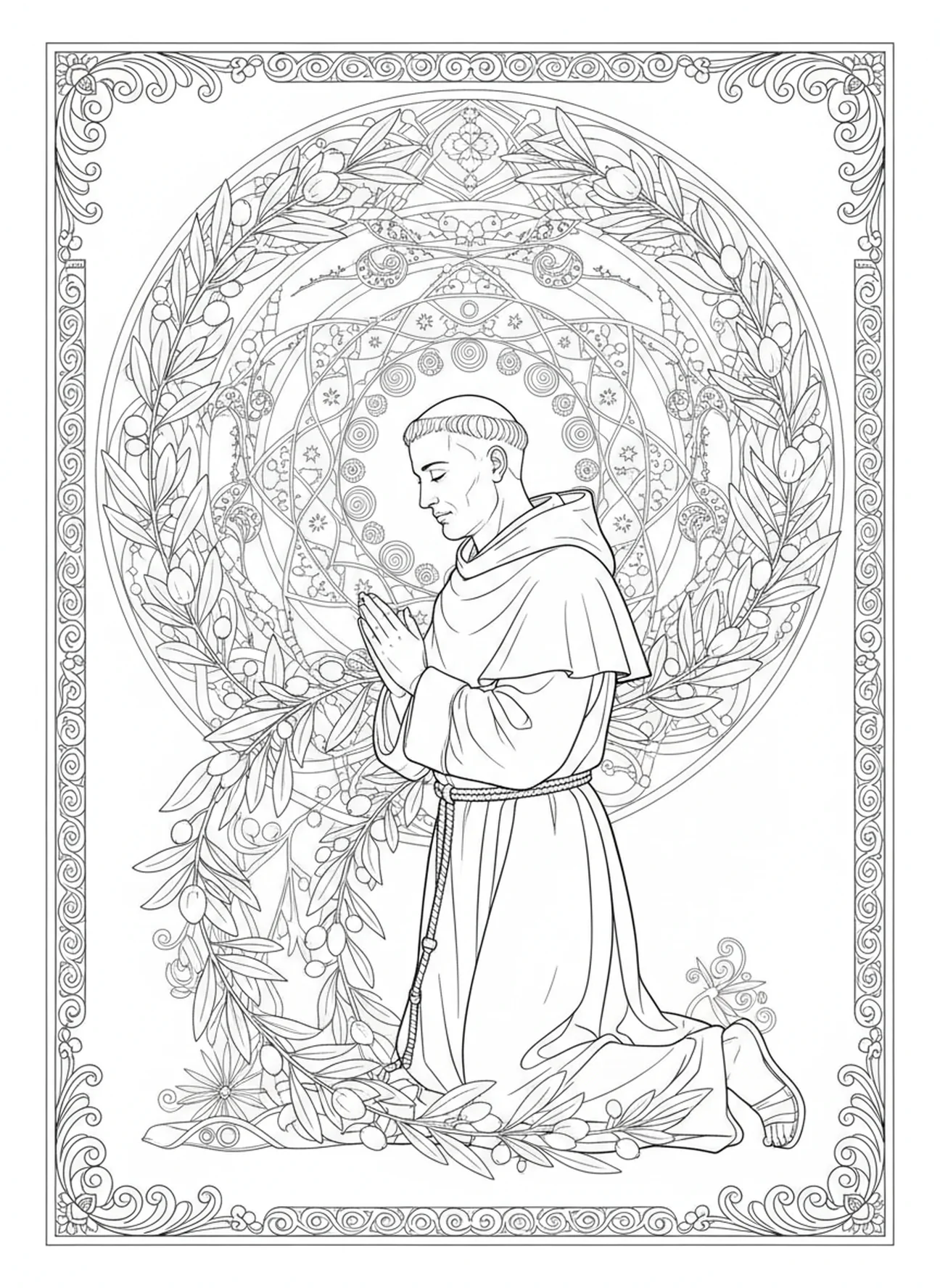 Der heilige Antonius kniet im Gebet, Ausmalbild für Erwachsene im Bibel-Journaling-Stil