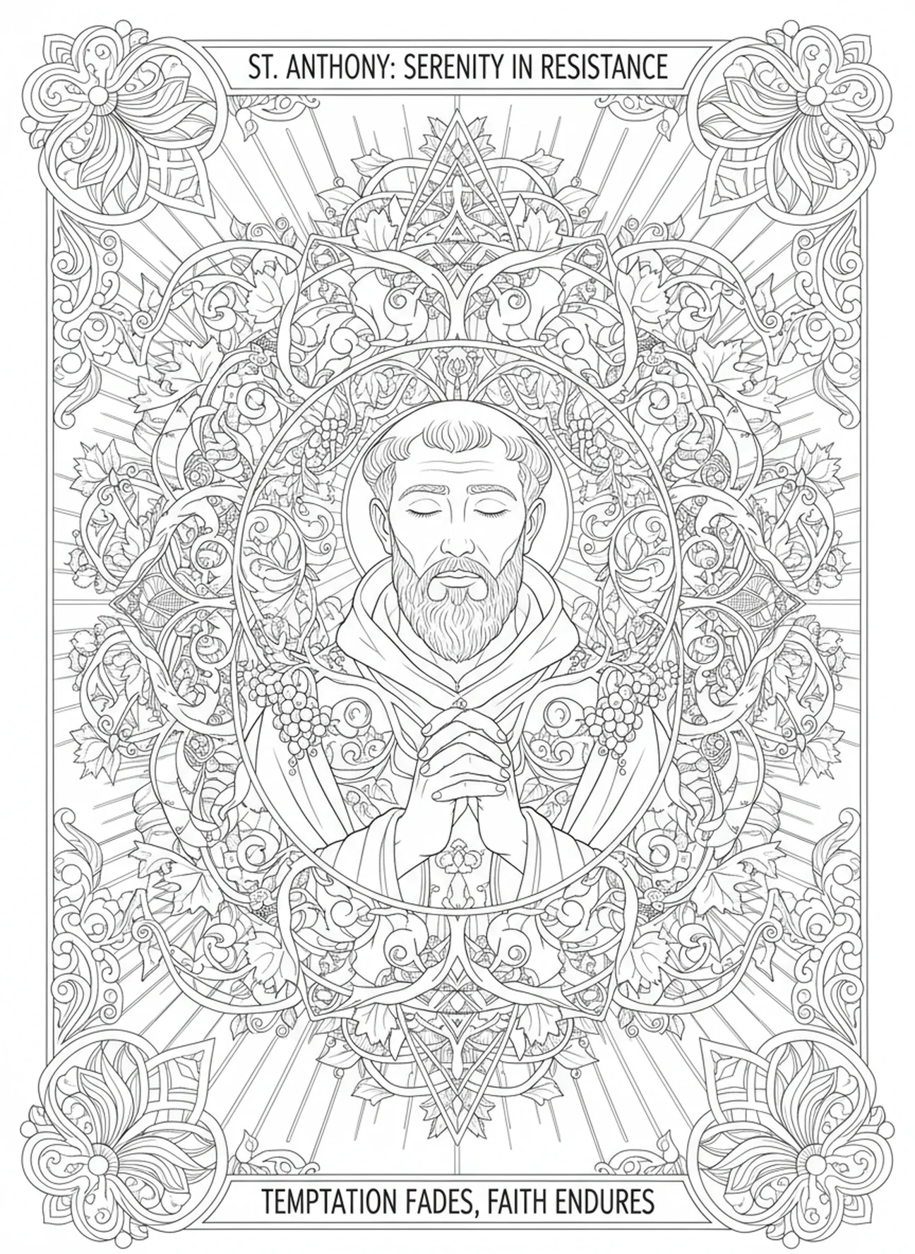 Der heilige Antonius widersteht der Versuchung, Ausmalbild für Erwachsene im Stil des Bibeljournaling