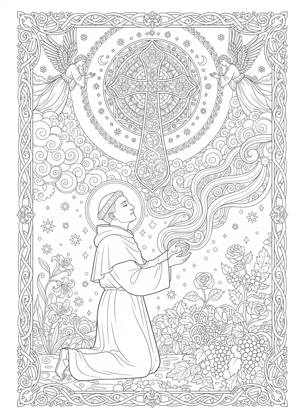 Der heilige Antonius hat eine Vision, Ausmalbild von St. Antonius für Erwachsene im Stil des Bibel-Journalings