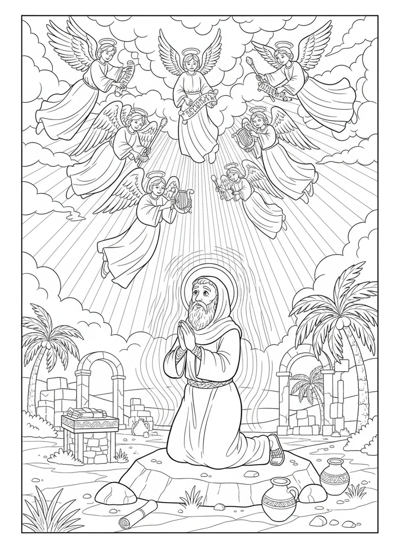 Saint Antoine contemplant des anges, page à colorier Saint Antoine d'Égypte pour les enfants de l'École du dimanche âgés de 5 à 12 ans.