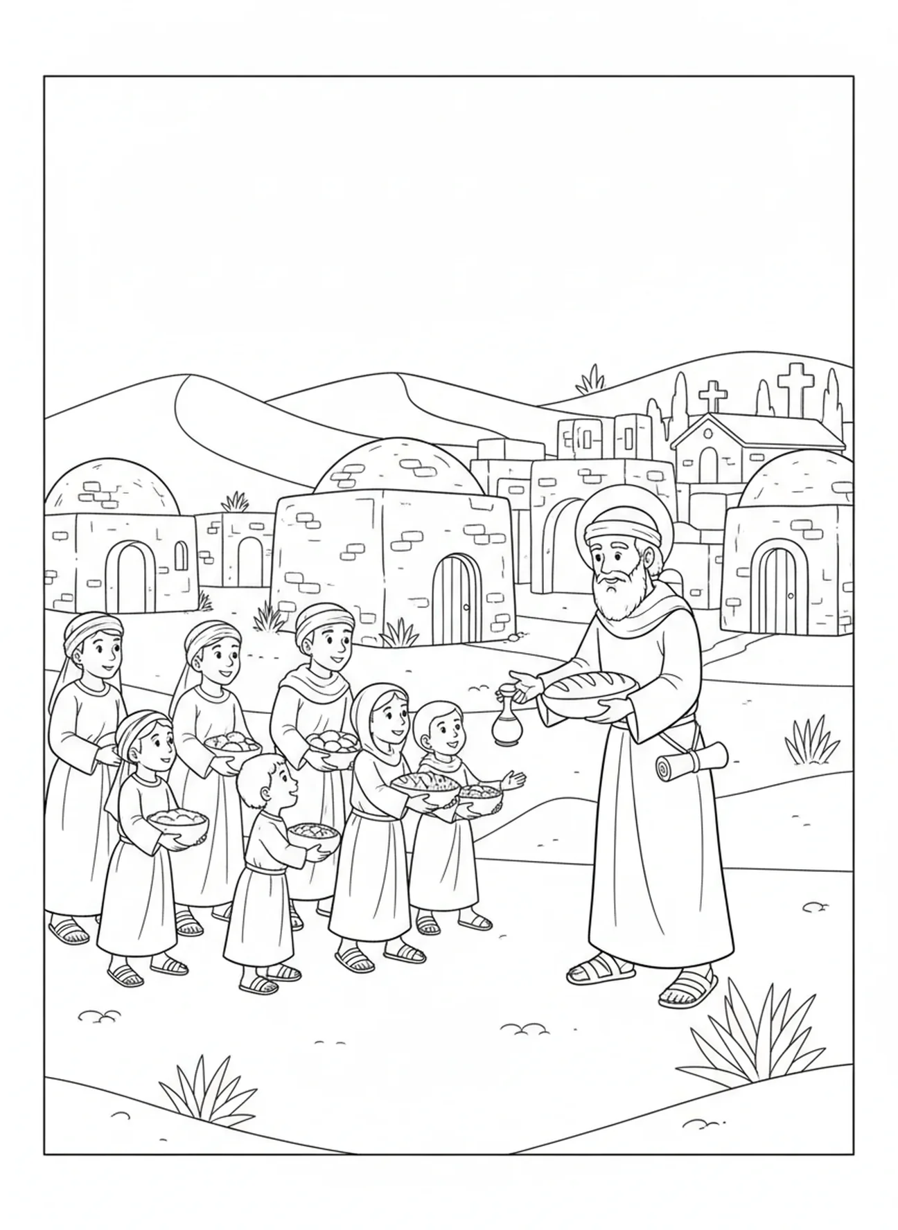 Saint Antoine partageant du pain, page à colorier Saint Antoine d'Égypte pour les enfants de l'École du dimanche âgés de 5 à 12 ans.