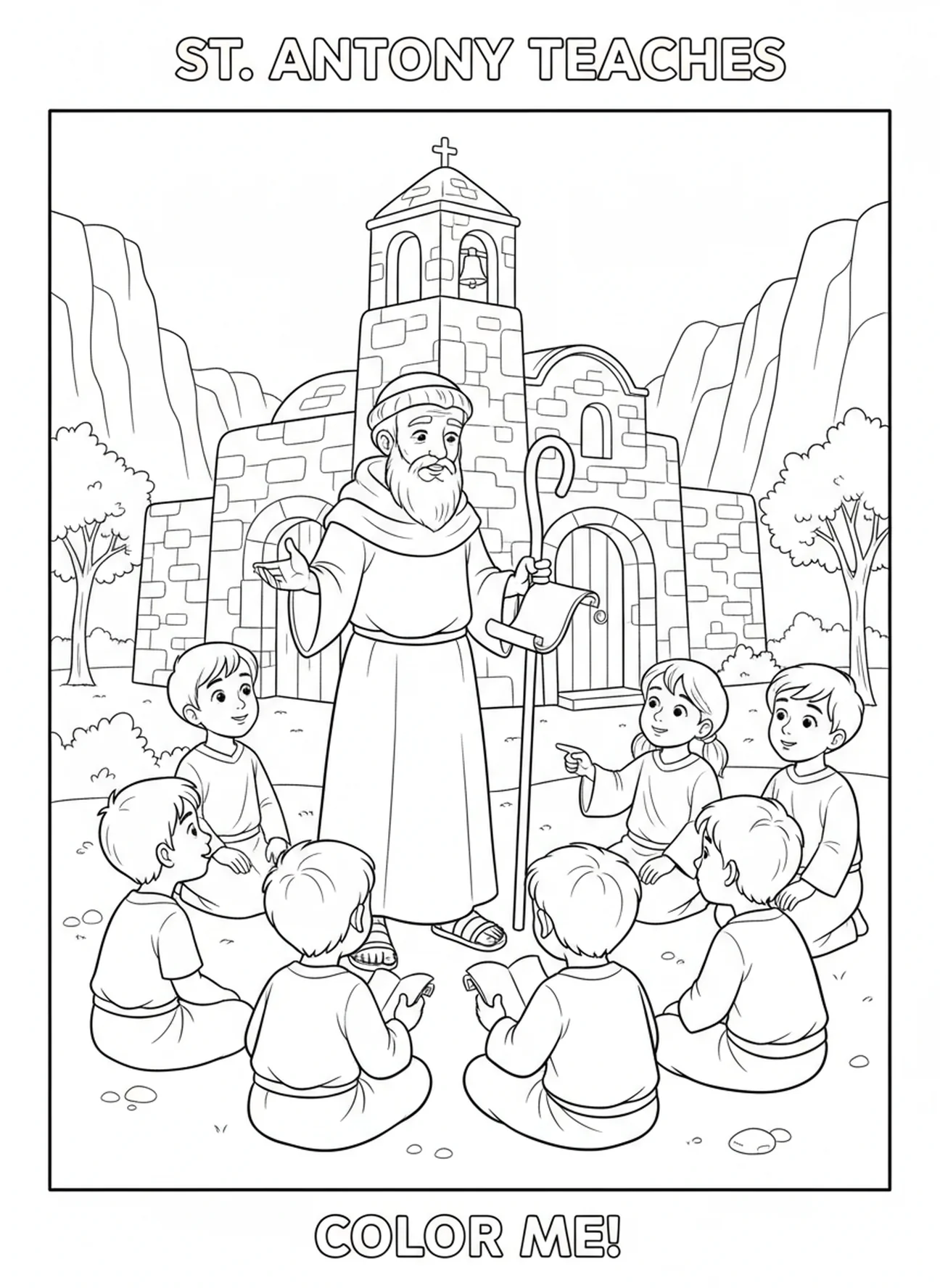 Saint Antoine enseignant des enfants, page à colorier Saint Antoine d'Égypte pour l'École du dimanche enfants de 5 à 12 ans.