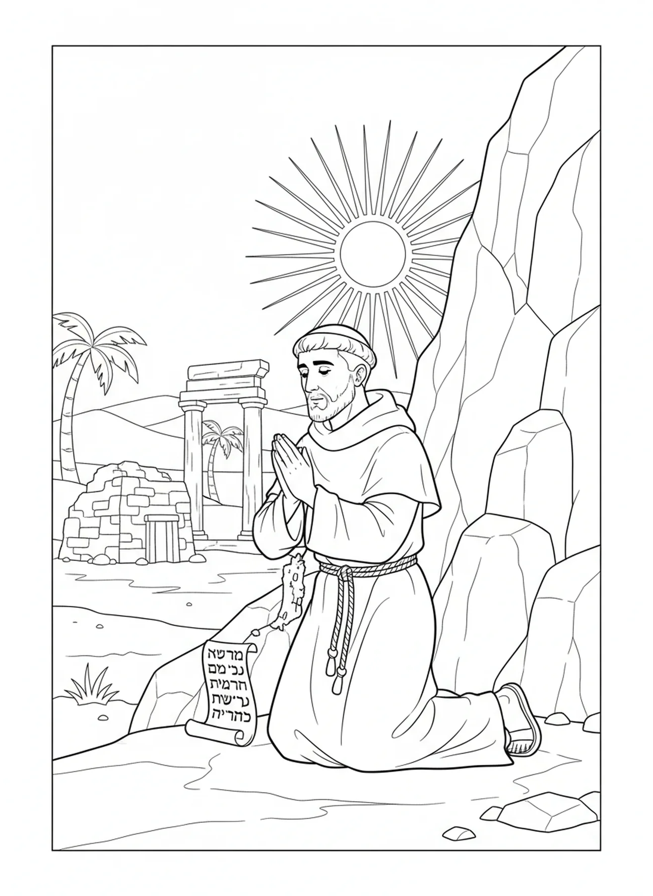 Saint Antoine à genoux en prière, page à colorier Saint Antoine d'Égypte pour les enfants de l'École du dimanche âgés de 5 à 12 ans.
