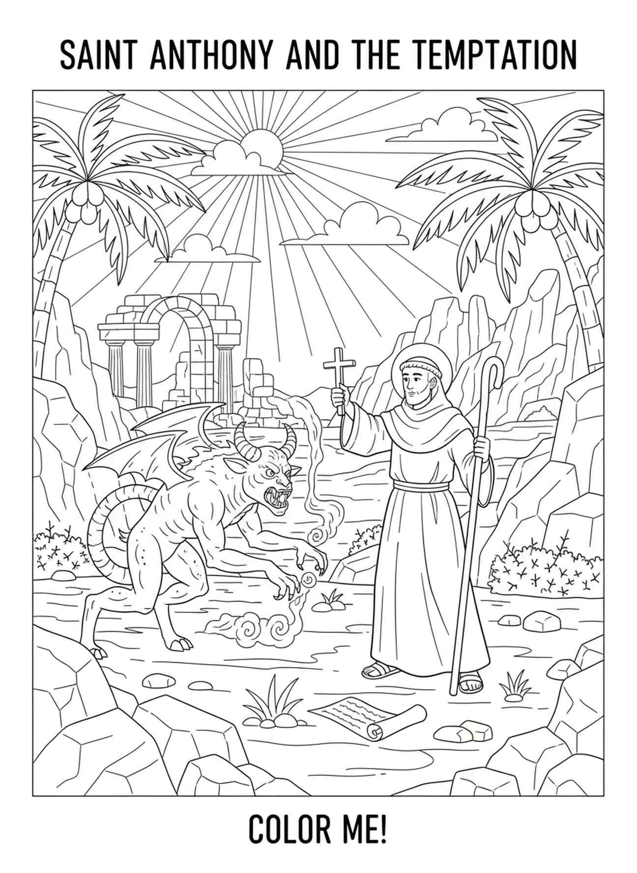 Saint Antoine face à une bête, page à colorier Saint Antoine d'Égypte pour les enfants de l'École du dimanche âgés de 5 à 12 ans.