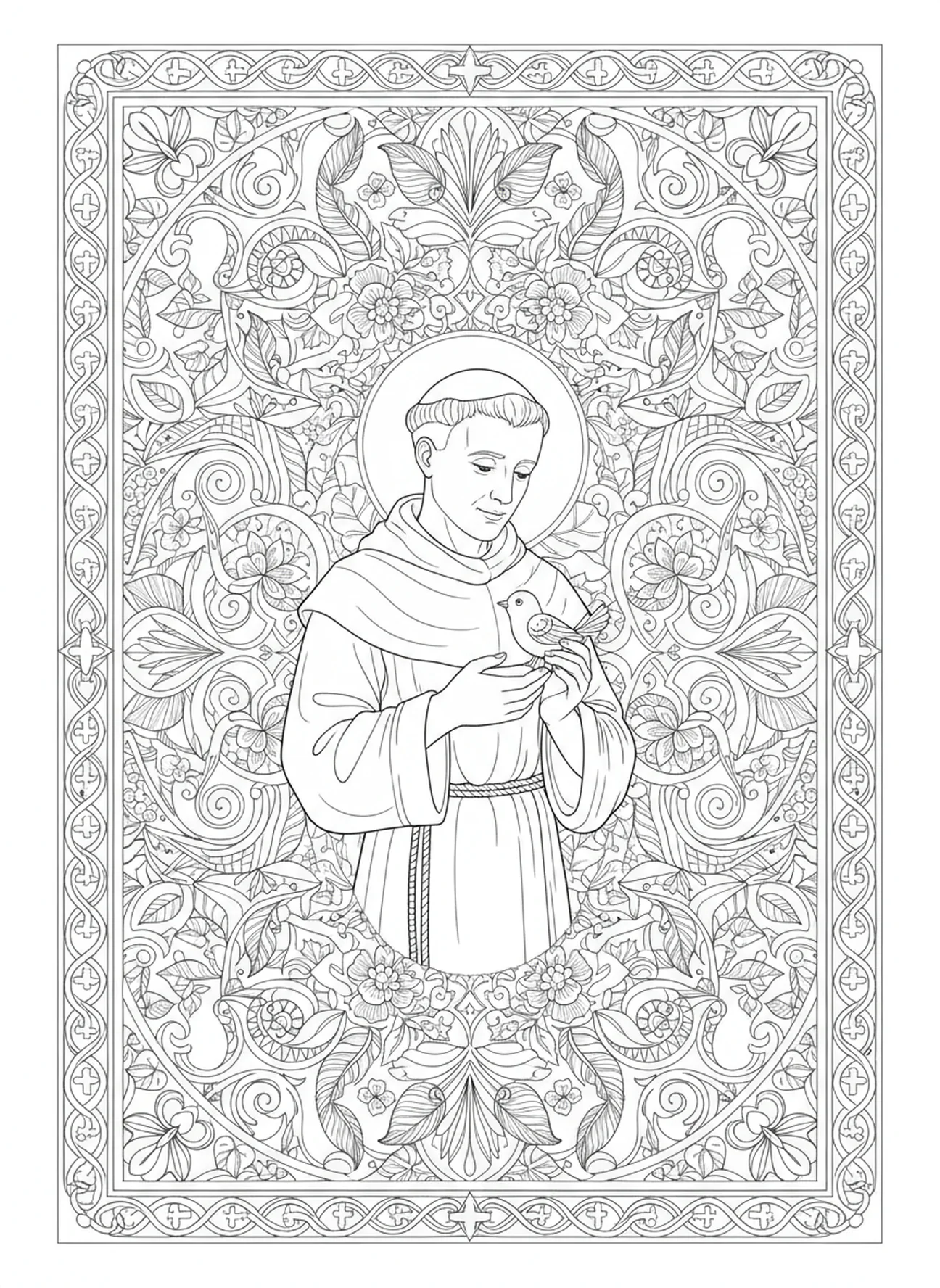 Saint Antoine tenant un oiseau, page à colorier de la statue de Saint Antoine de Padoue pour le journal biblique, style adulte.