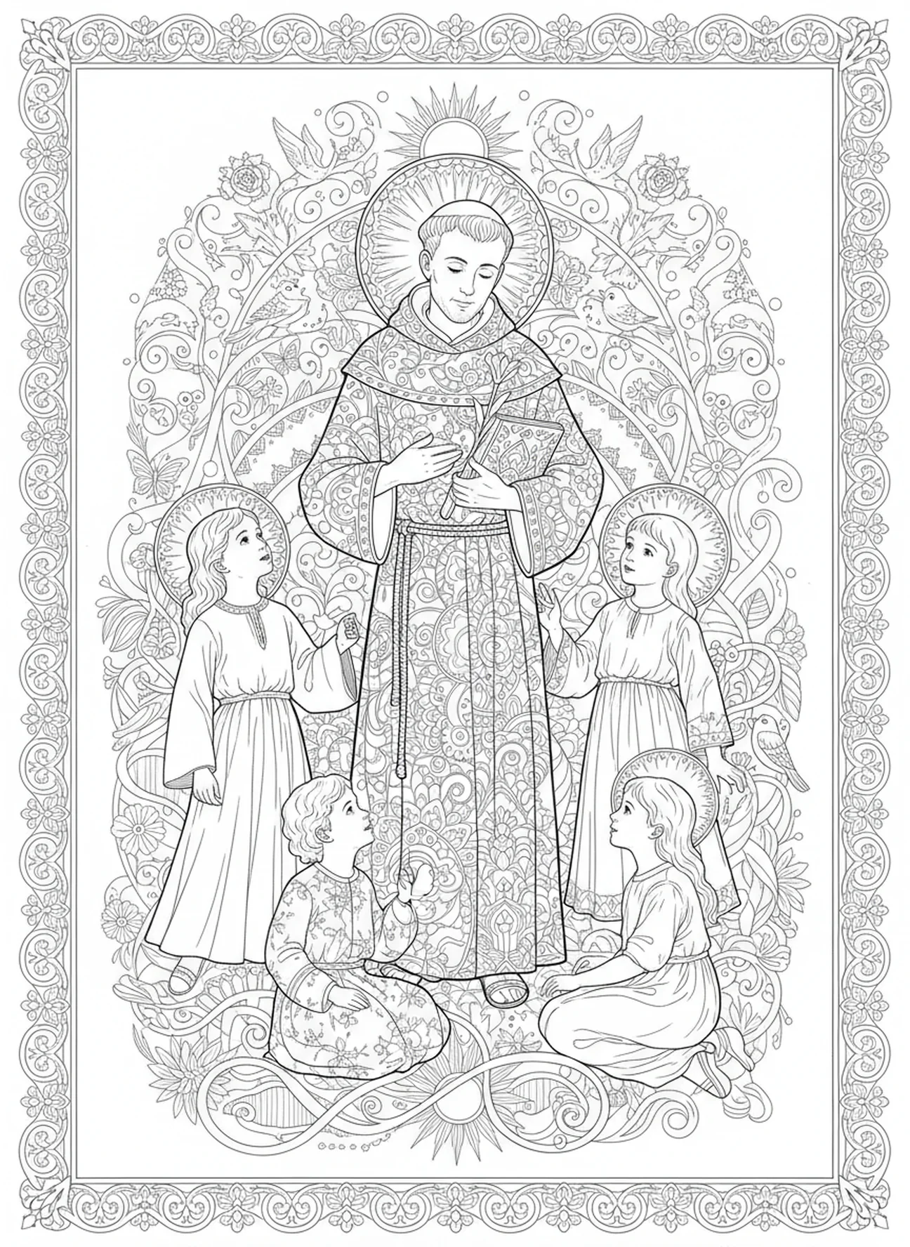 Saint Antoine avec des enfants, page à colorier de la statue de Saint Antoine de Padoue pour le style de journalisation biblique.