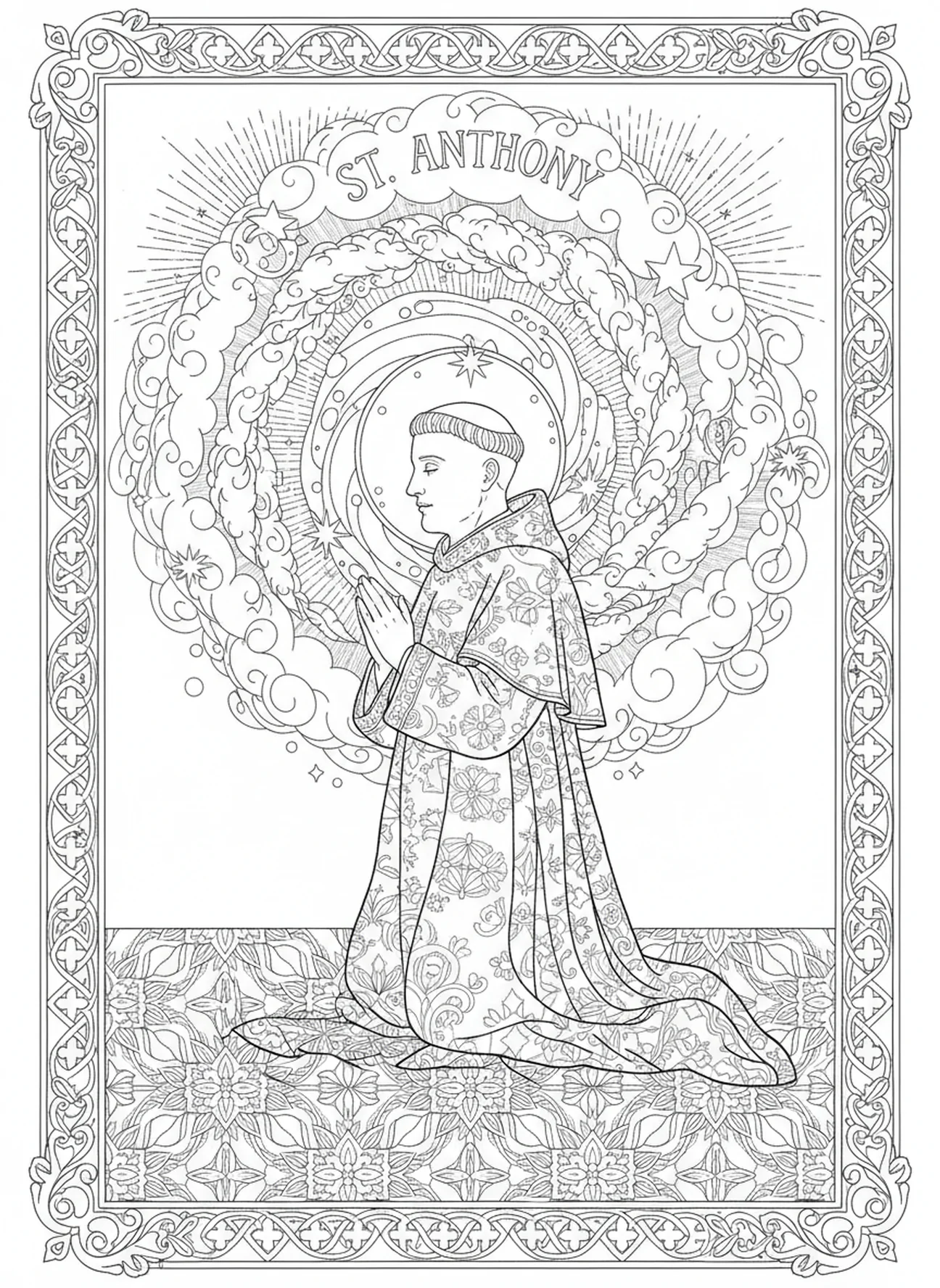 Saint Antoine à genoux en prière, page à colorier de la statue de Saint Antoine de Padoue pour le journal biblique des adultes.