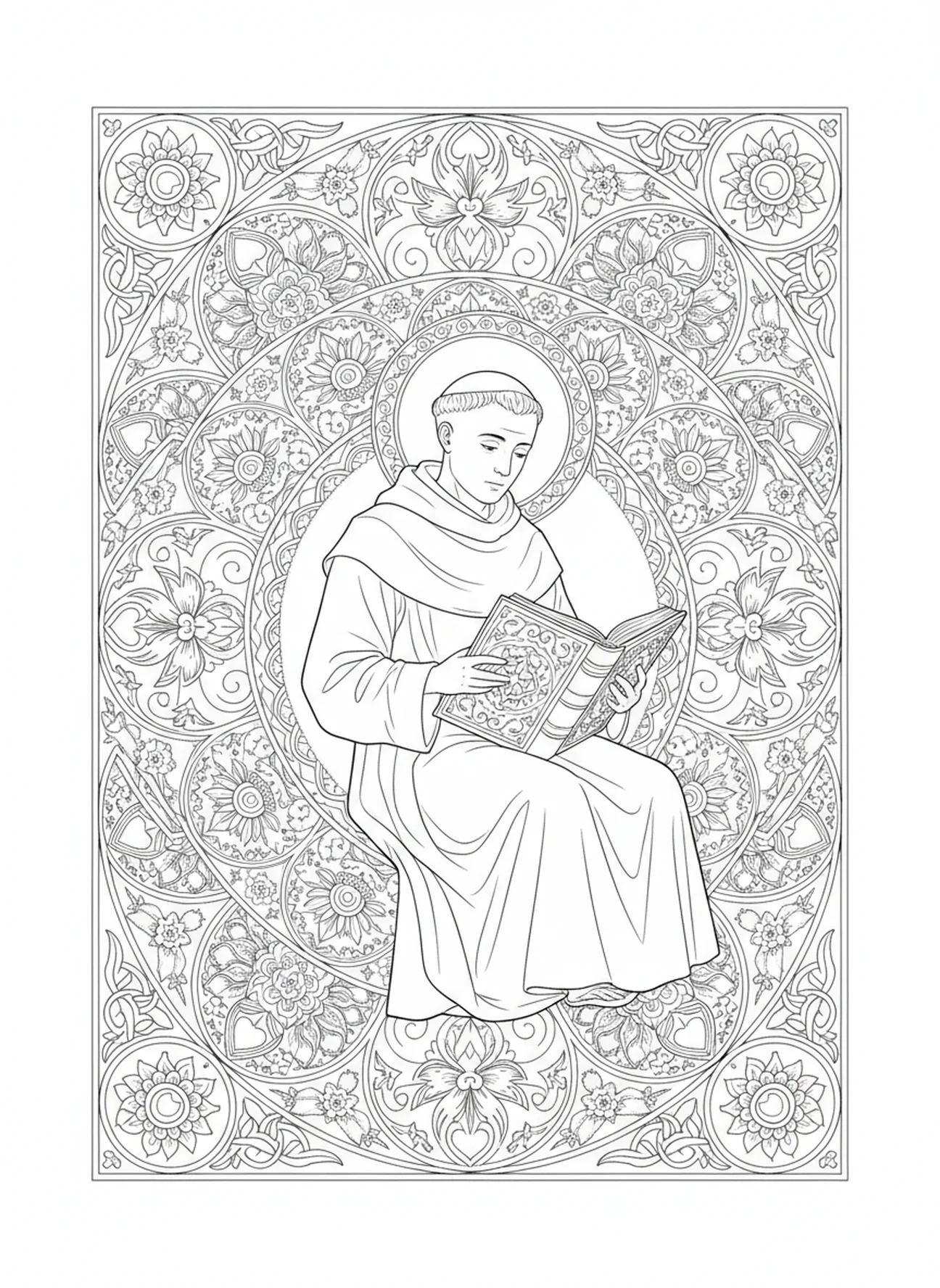 Saint Antoine lisant un livre, page à colorier de la statue de Saint Antoine de Padoue pour le style de journal biblique pour adultes.