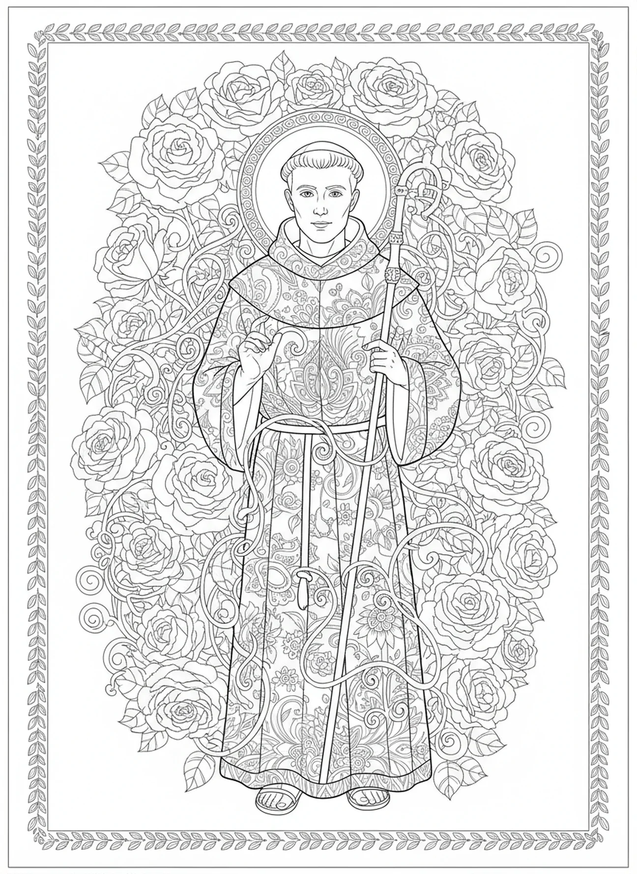 Saint Antoine entouré de roses, page à colorier de la statue de Saint Antoine de Padoue pour le journal biblique pour adultes.