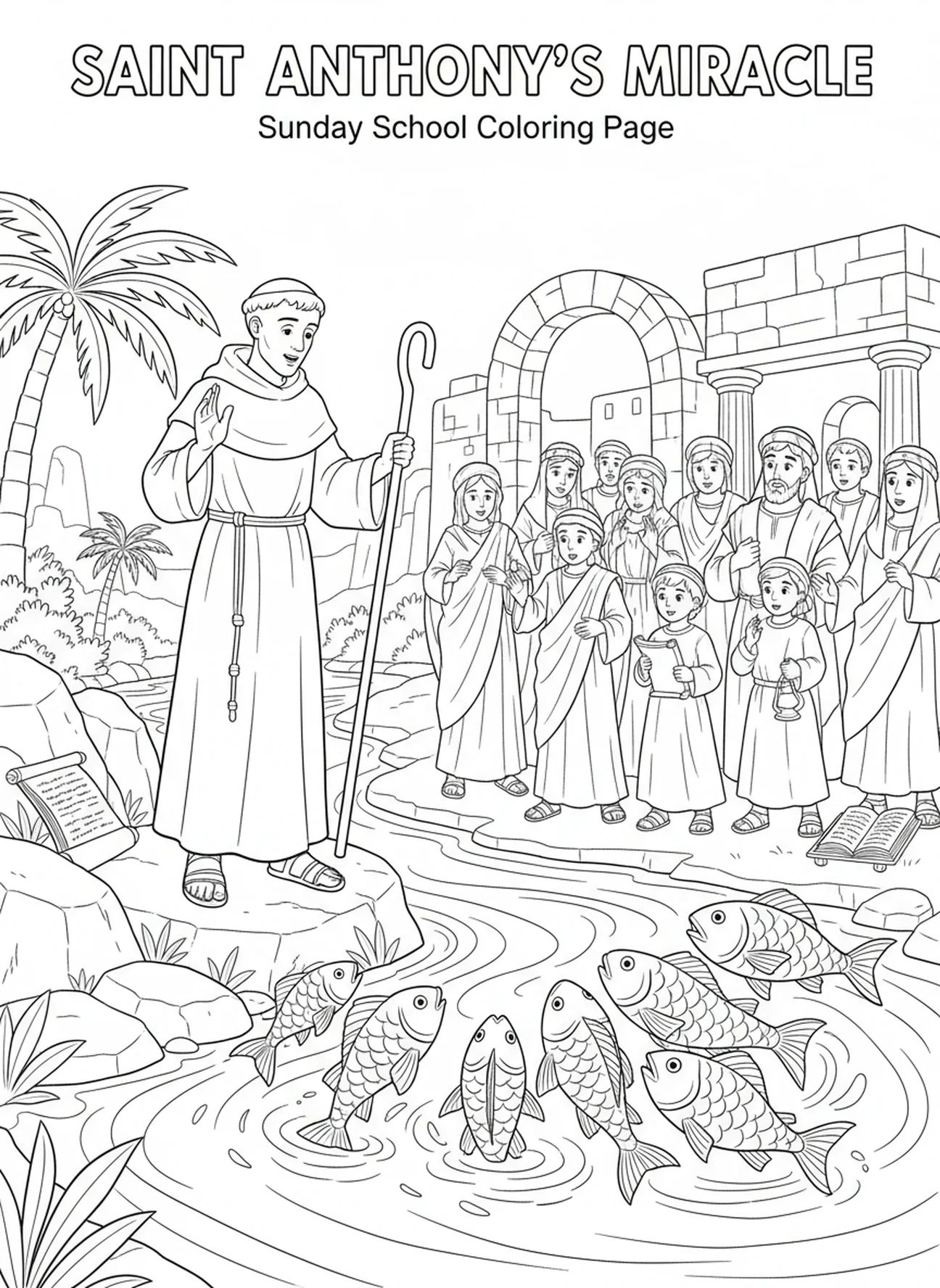 Milagre dos peixes, página para colorir da estátua de São Antônio de Pádua para crianças da Escola Dominical de 5 a 12 anos.