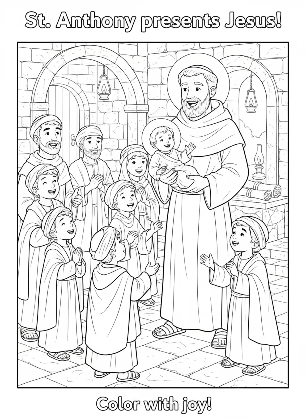 São Antônio apresentando o menino Jesus, página de colorir da estátua de São Antônio de Pádua para crianças da Escola Dominical de 5 a 12 anos.