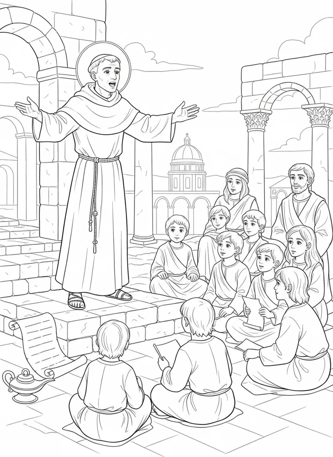 São Antônio pregando, página para colorir da estátua de São Antônio de Pádua para crianças da Escola Dominical de 5 a 12 anos.