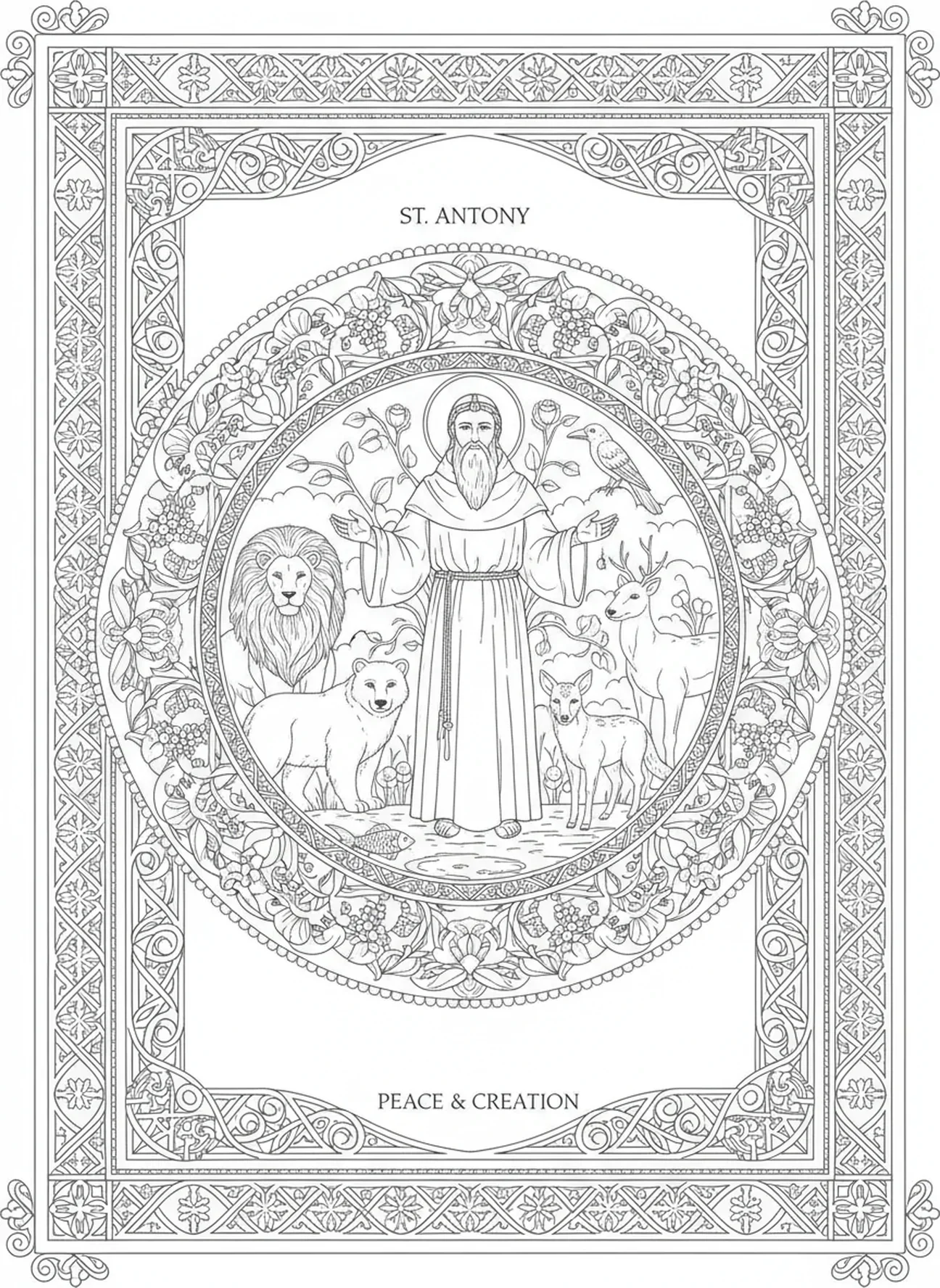 Święty Antoni otoczony zwierzętami, kolorowanka Świętego Antoniego z Padwy dla dorosłych w stylu dziennika biblijnego.