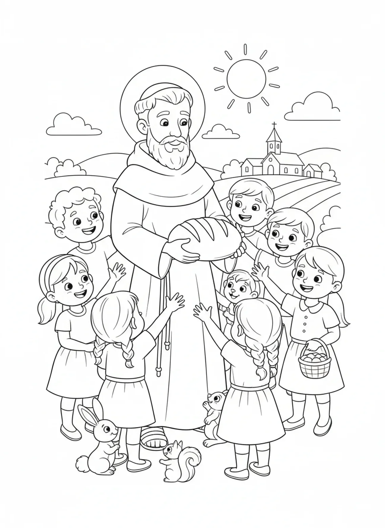 São Antônio segurando pão, página para colorir de São Antônio de Pádua para crianças de 5 a 10 anos