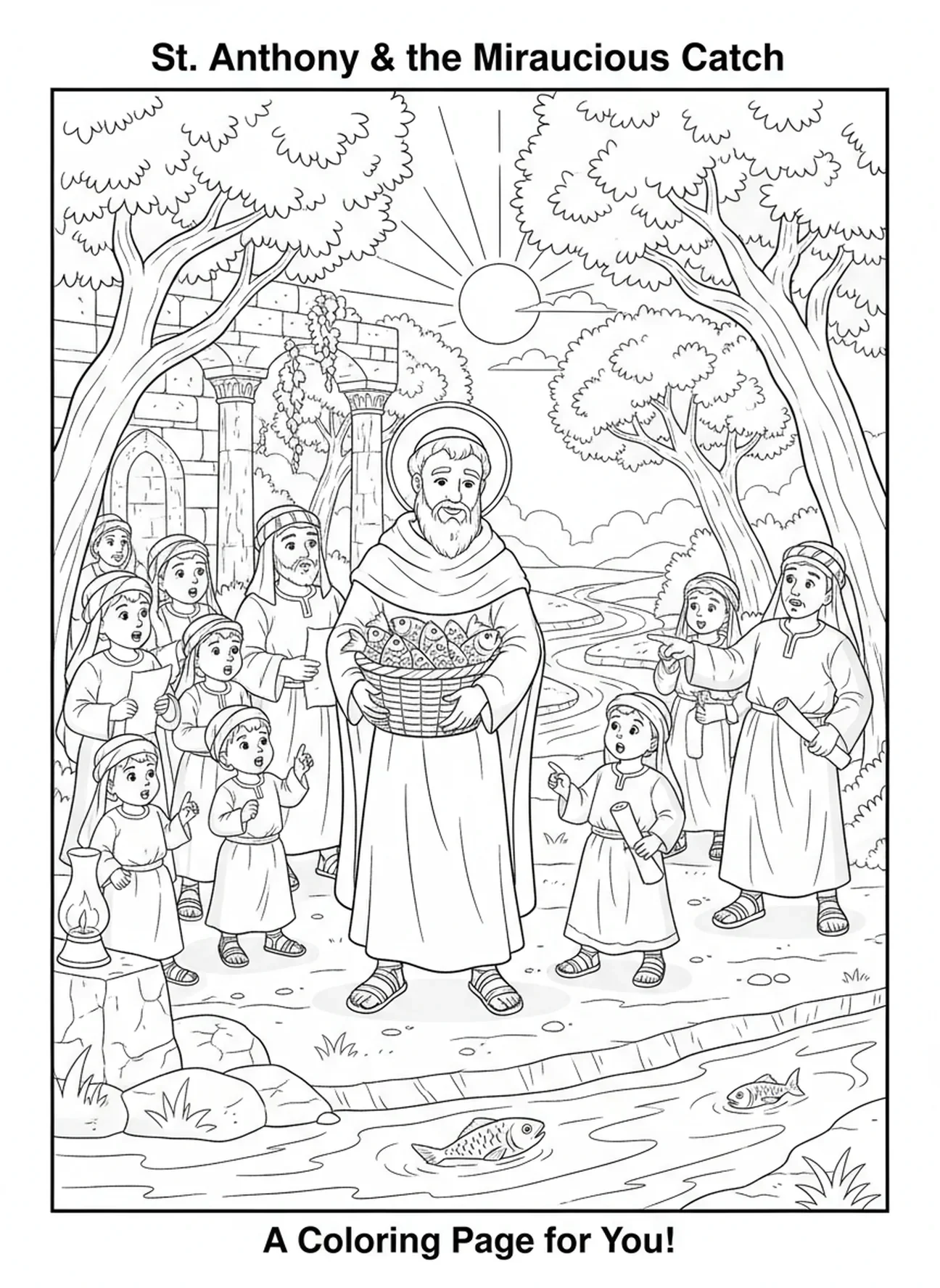 Der heilige Antonius mit einem Korb voller Fische, Ausmalbild für die Sonntagsschule für Kinder im Alter von 5-12 Jahren.