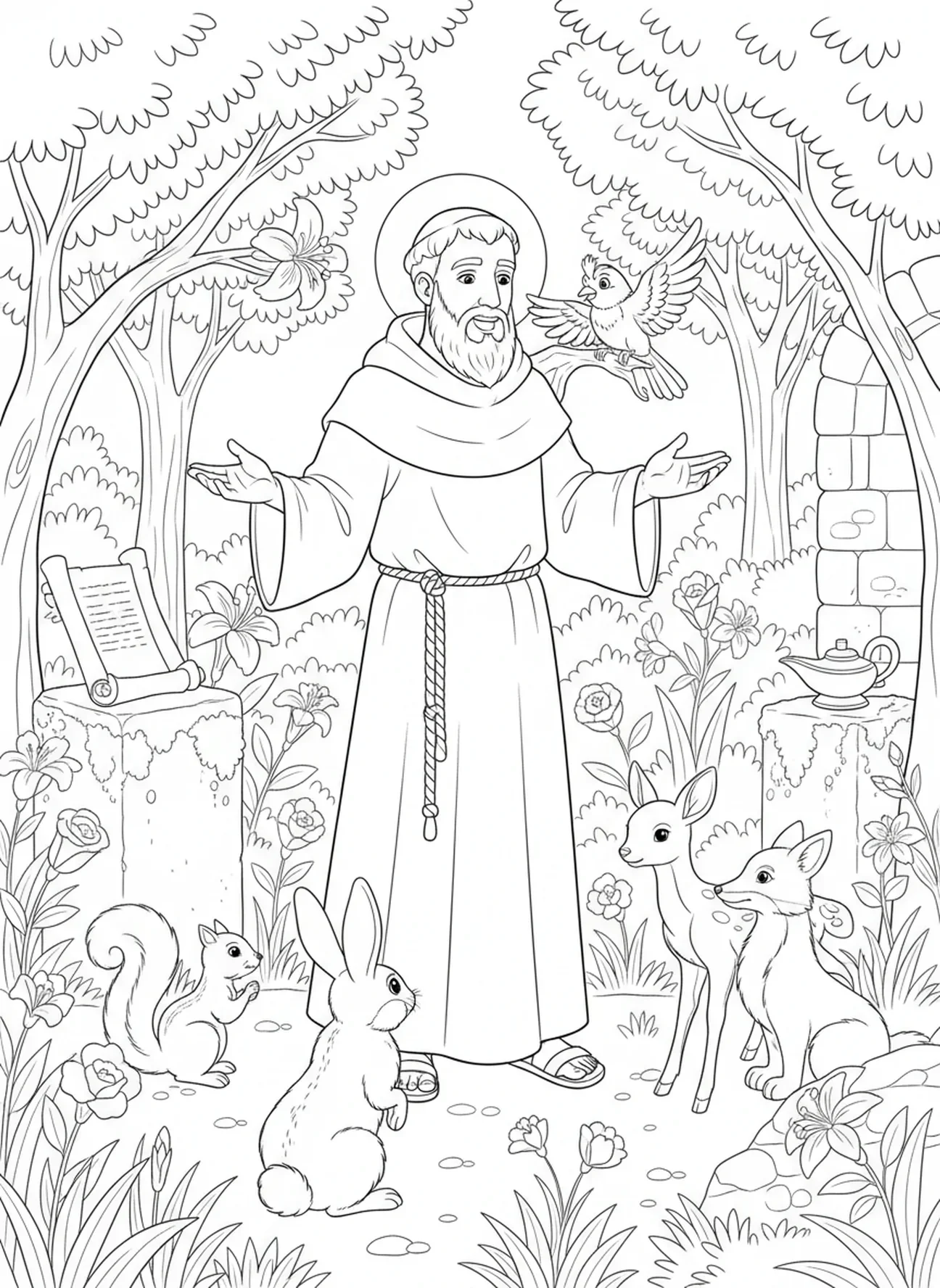 Der heilige Antonius mit aufmerksamen Tieren, Ausmalbild von St. Antonius von Padua für die Sonntagsschule für Kinder im Alter von 5-12 Jahren.