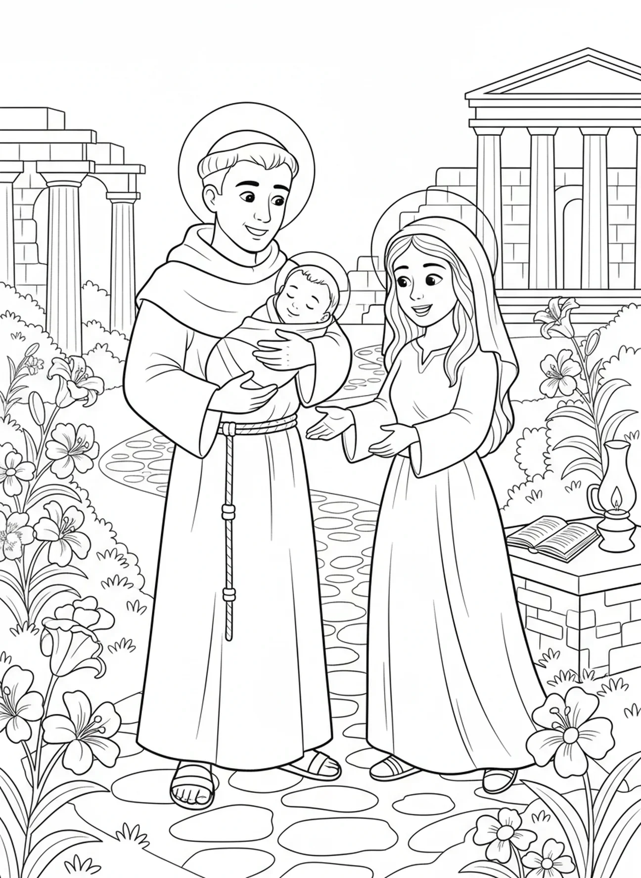 Der heilige Antonius hält ein Baby in den Armen, Ausmalbild für die Sonntagsschule für Kinder im Alter von 5-12 Jahren.