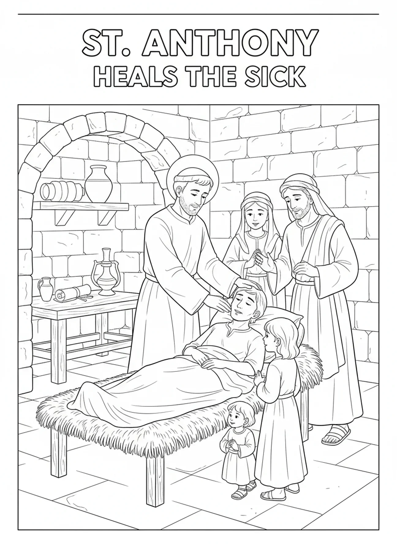 Der heilige Antonius heilt eine kranke Person, Ausmalbild des heiligen Antonius von Padua für Kinder in der Sonntagsschule im Alter von 5-12 Jahren.