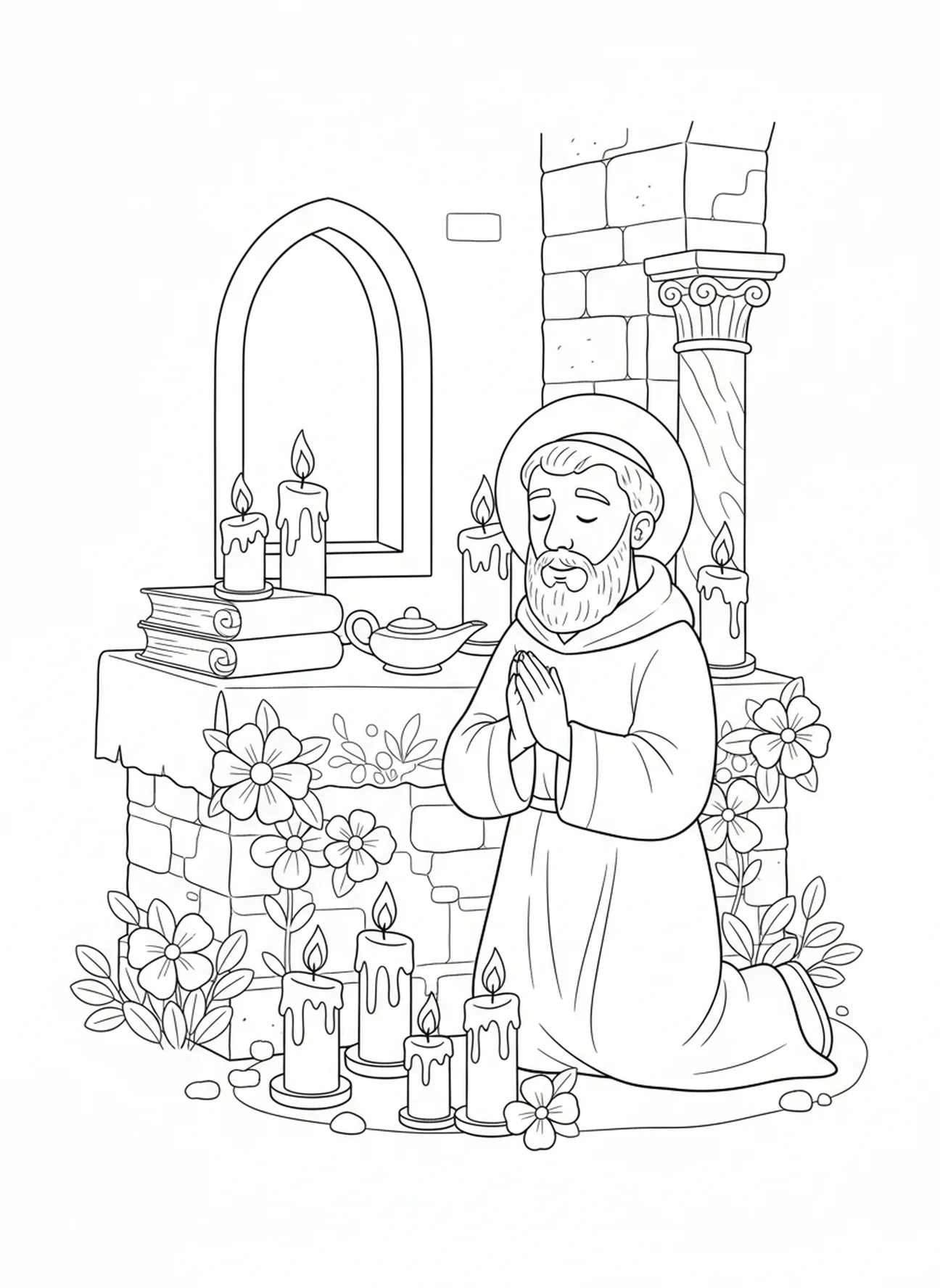 Der heilige Antonius im Gebet, Ausmalbild für die Sonntagsschule für Kinder im Alter von 5-12 Jahren.