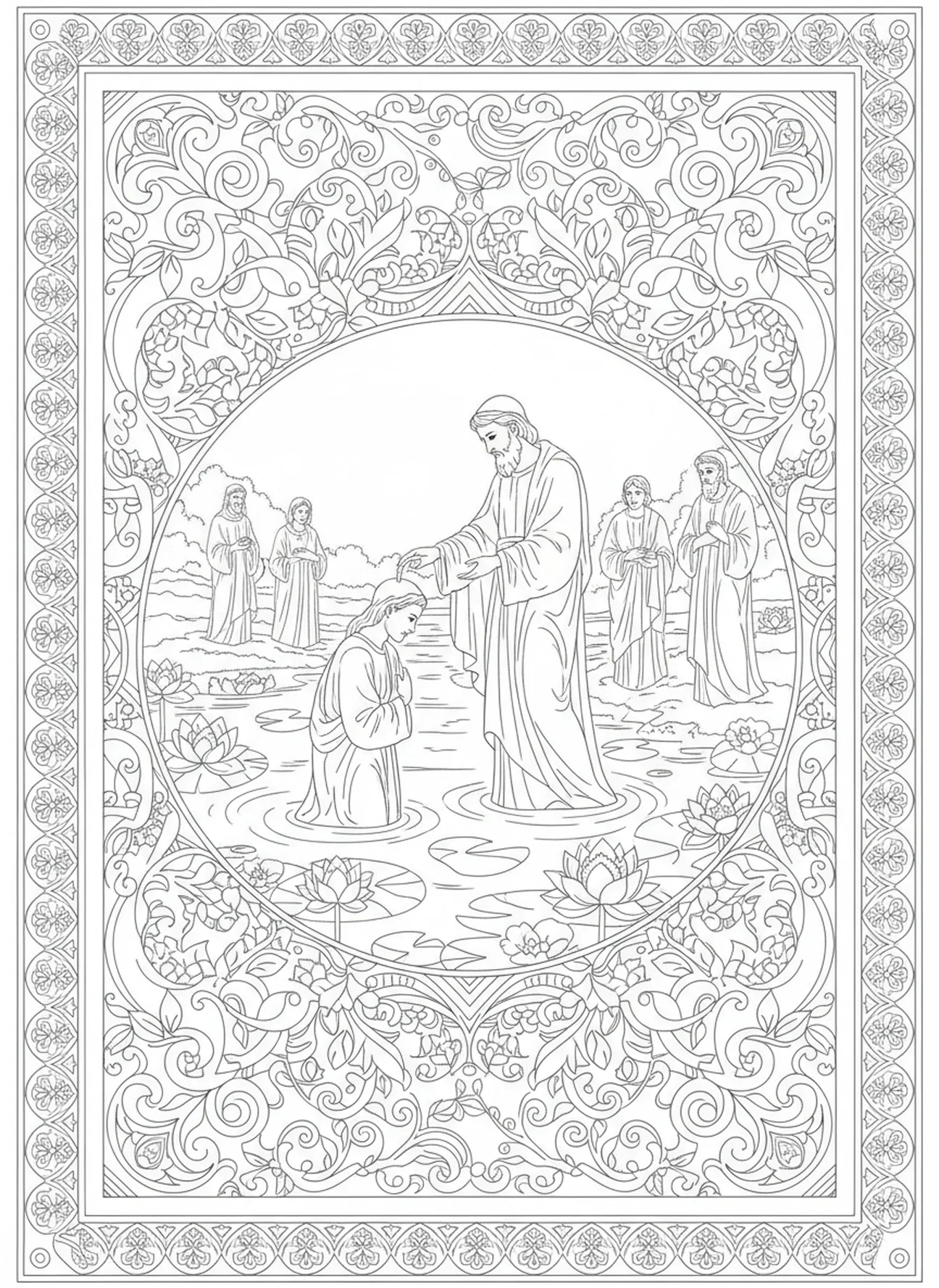 Saint Augustin baptisant dans une rivière, page à colorier Saint Augustin pour le journaling biblique pour adultes.