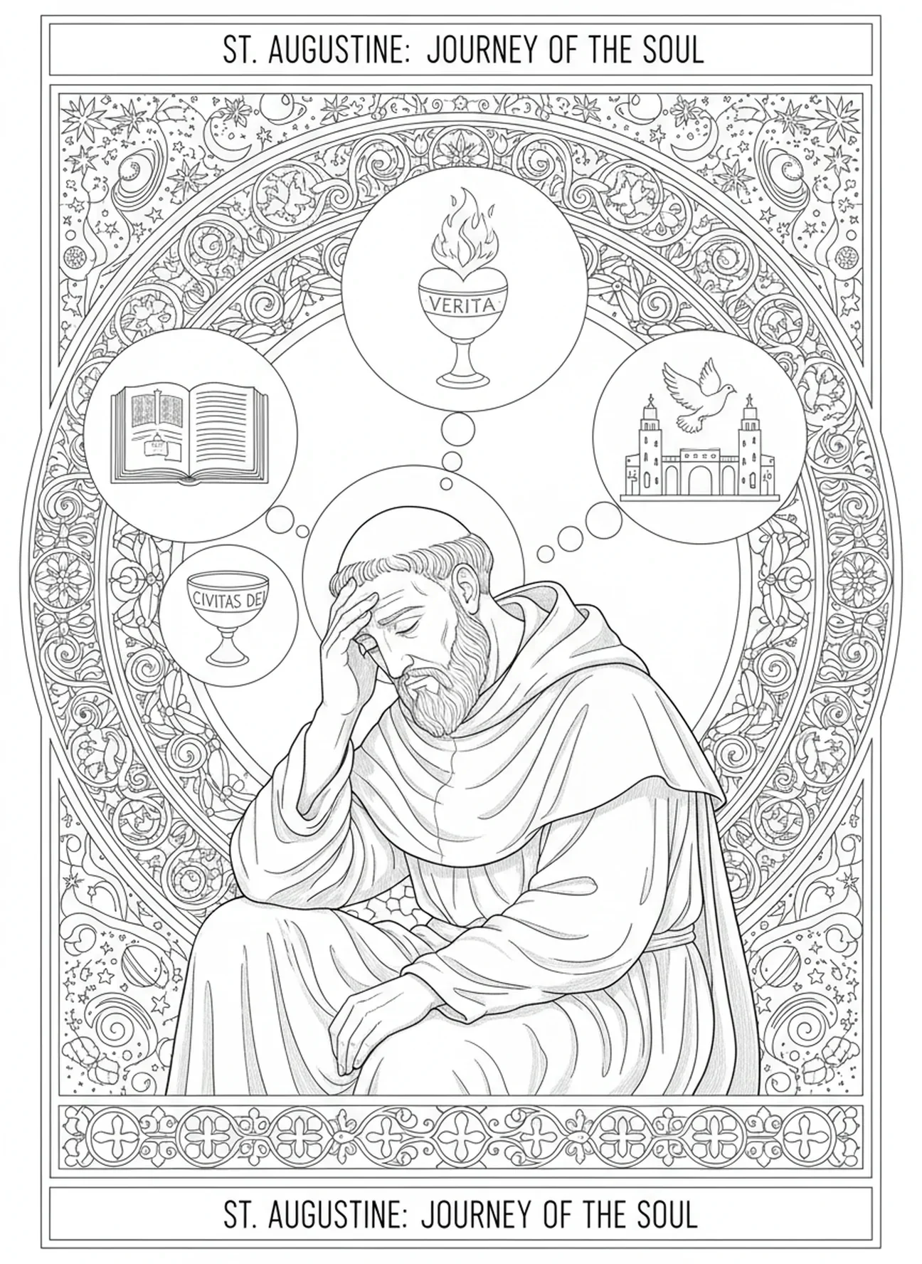 Saint Augustin en contemplation, page à colorier Saint Augustin pour adultes dans le style du journal biblique.