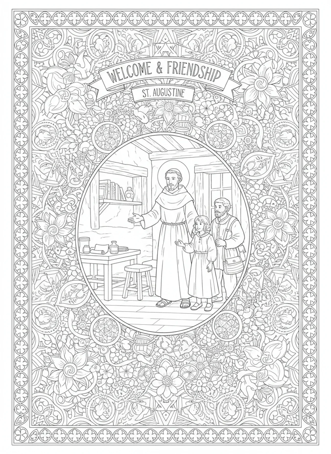Saint Augustin accueillant des visiteurs, page à colorier Saint Augustin pour adultes dans un style de journal biblique.