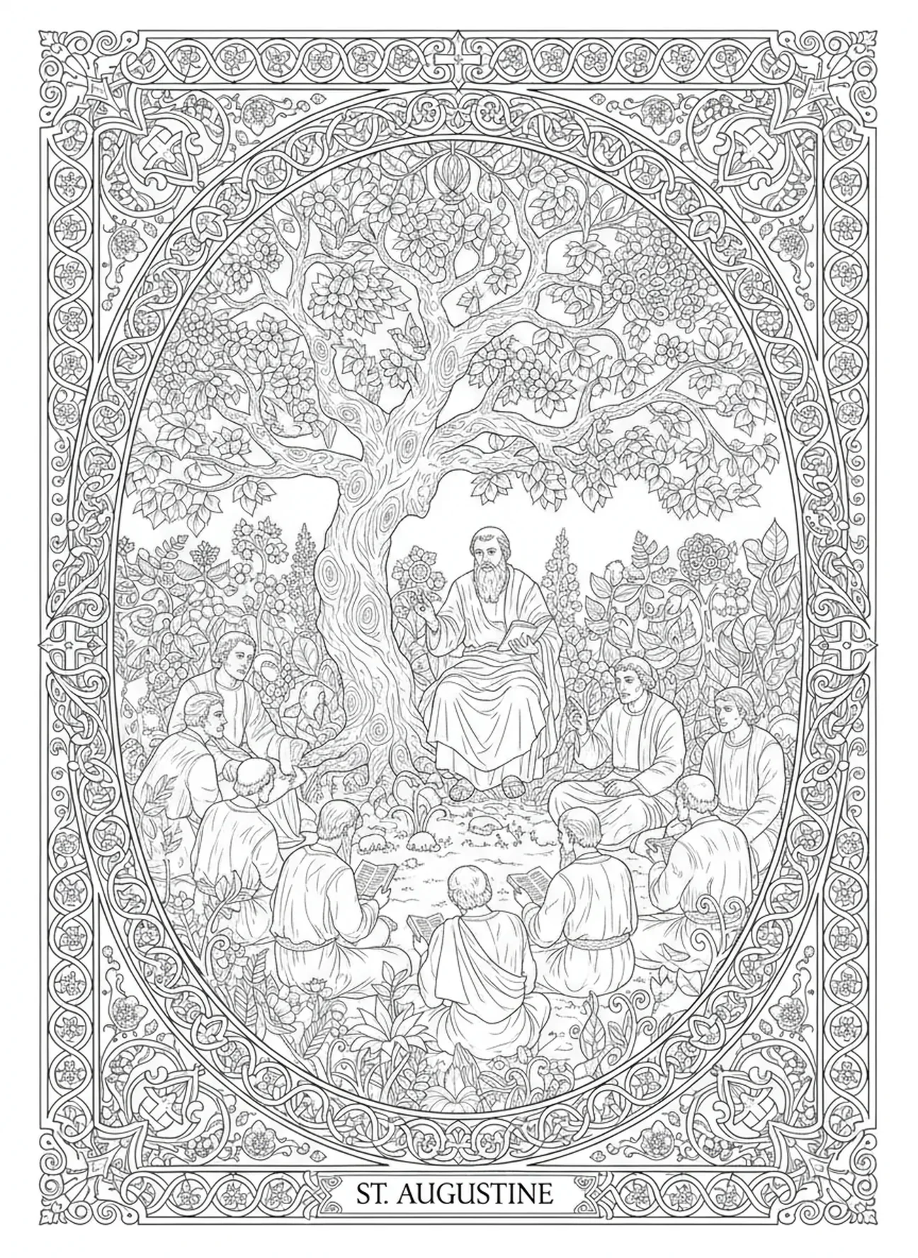 Saint Augustin enseignant ses disciples, page à colorier Saint Augustin pour le journaling biblique pour adultes.