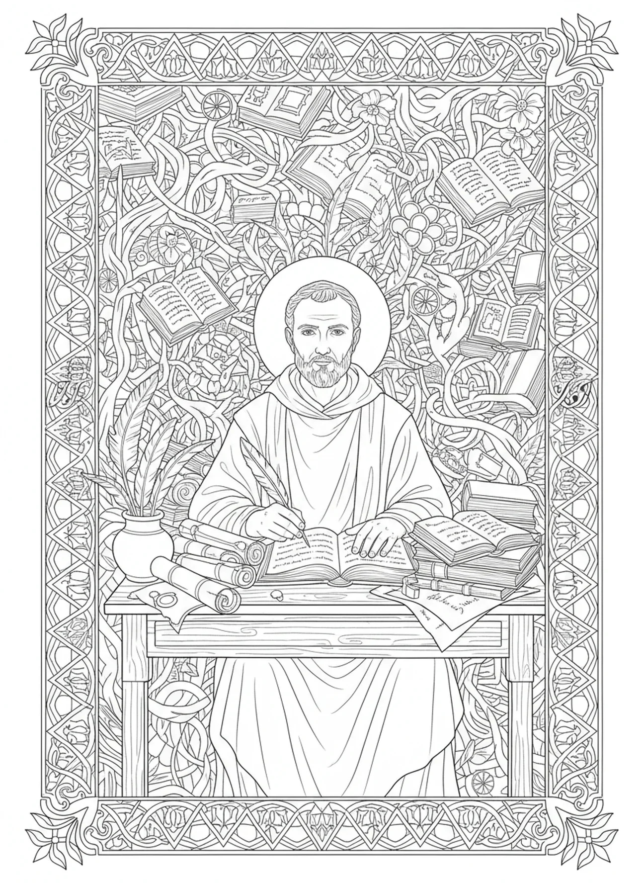 Saint Augustin écrivant à un bureau, page à colorier Saint Augustin pour adultes dans un style de journal biblique.