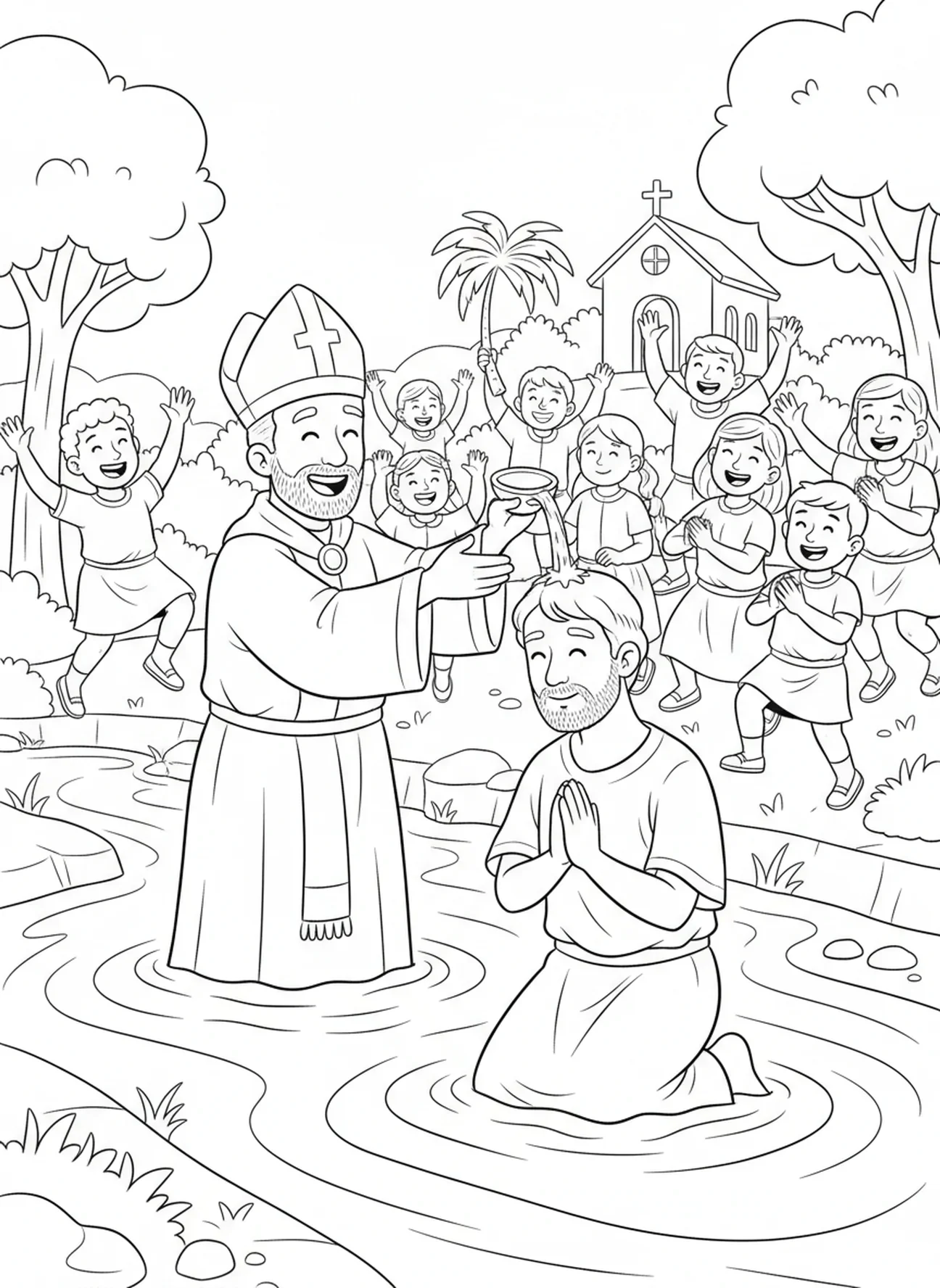 De doop van St. Augustinus, kleurplaat van St. Augustinus voor kinderen van 5-10 jaar