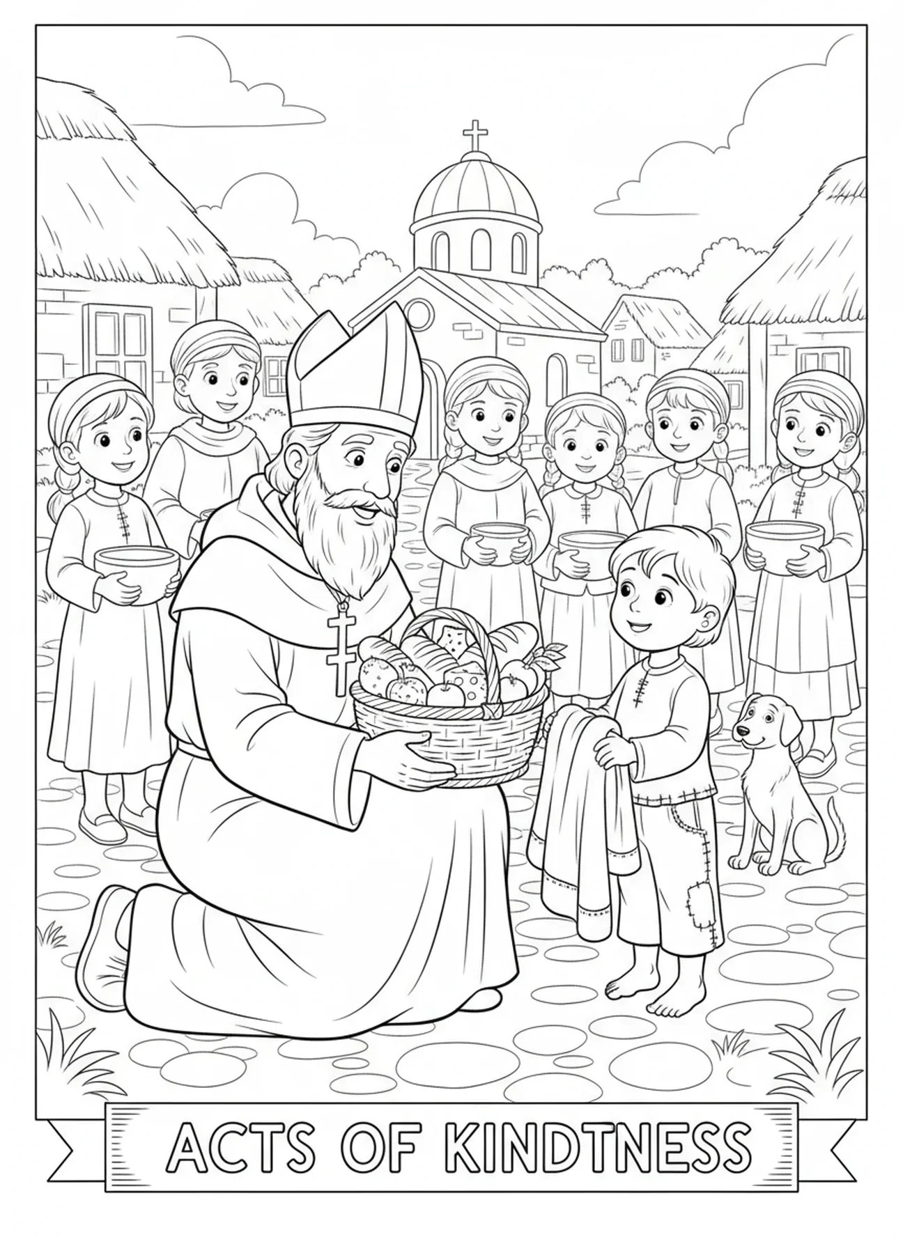 Sint Augustinus helpt de behoeftigen, kleurplaat van Sint Augustinus voor kinderen van 5-10 jaar