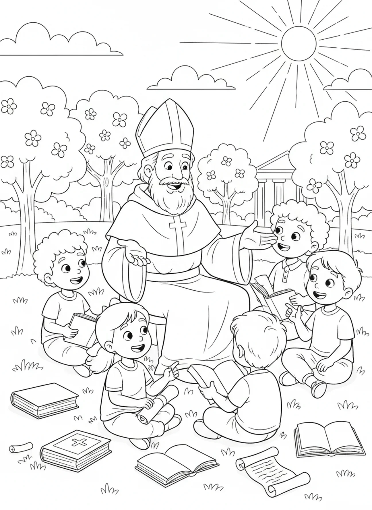 Sint Augustinus die lesgeeft, kleurplaat van Sint Augustinus voor kinderen van 5-10 jaar