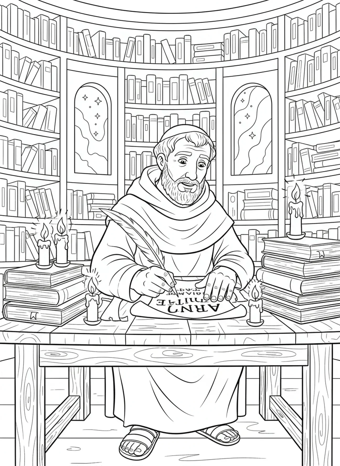 Sint Augustinus aan het schrijven, kleurplaat van Sint Augustinus voor kinderen van 5-10 jaar