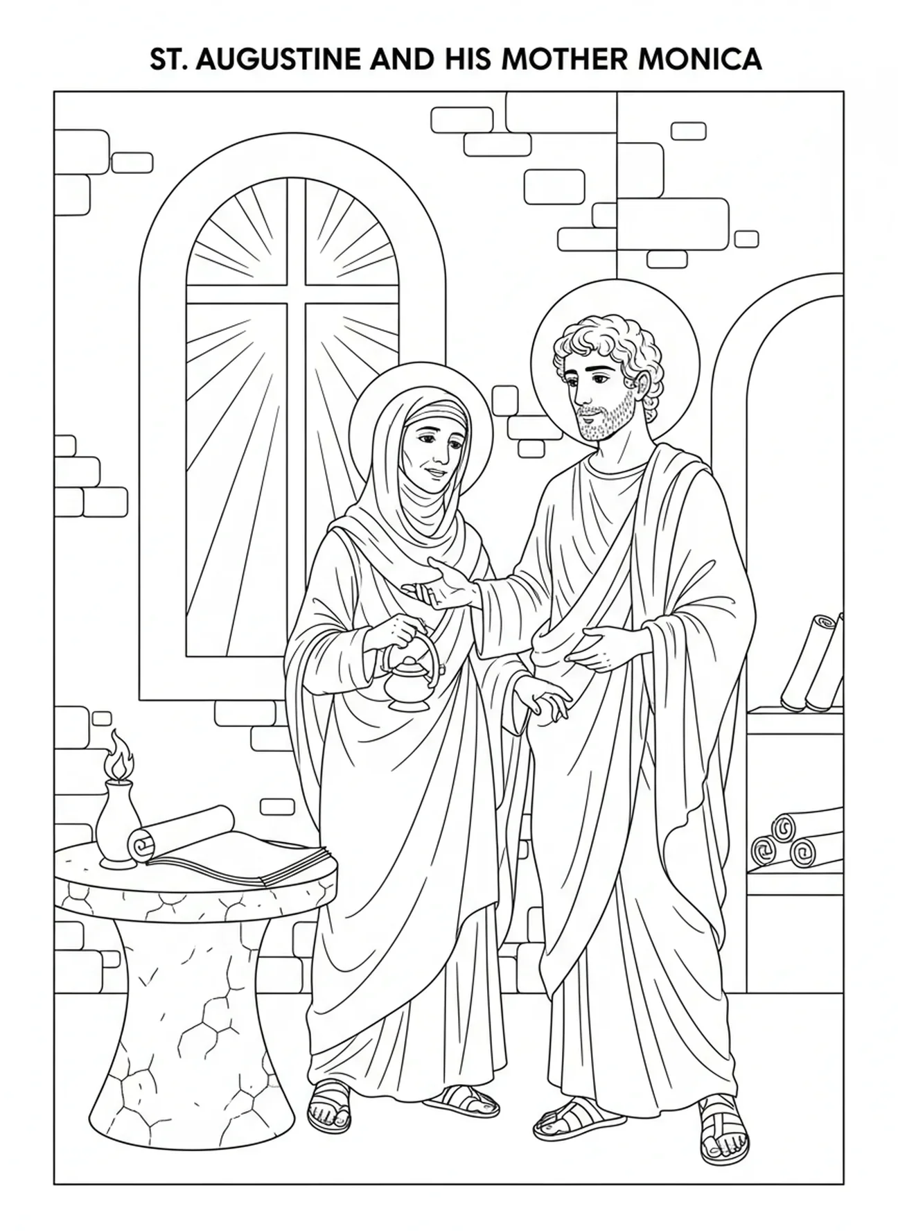 Augustinus spricht mit seiner Mutter, Ausmalbild von St. Augustinus für die Sonntagsschule für Kinder im Alter von 5-12 Jahren