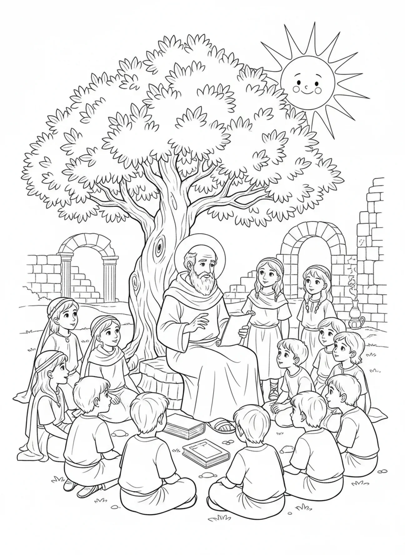 Augustinus erzählt Geschichten für Kinder, Ausmalbild von St. Augustinus für die Sonntagsschule für Kinder im Alter von 5-12 Jahren