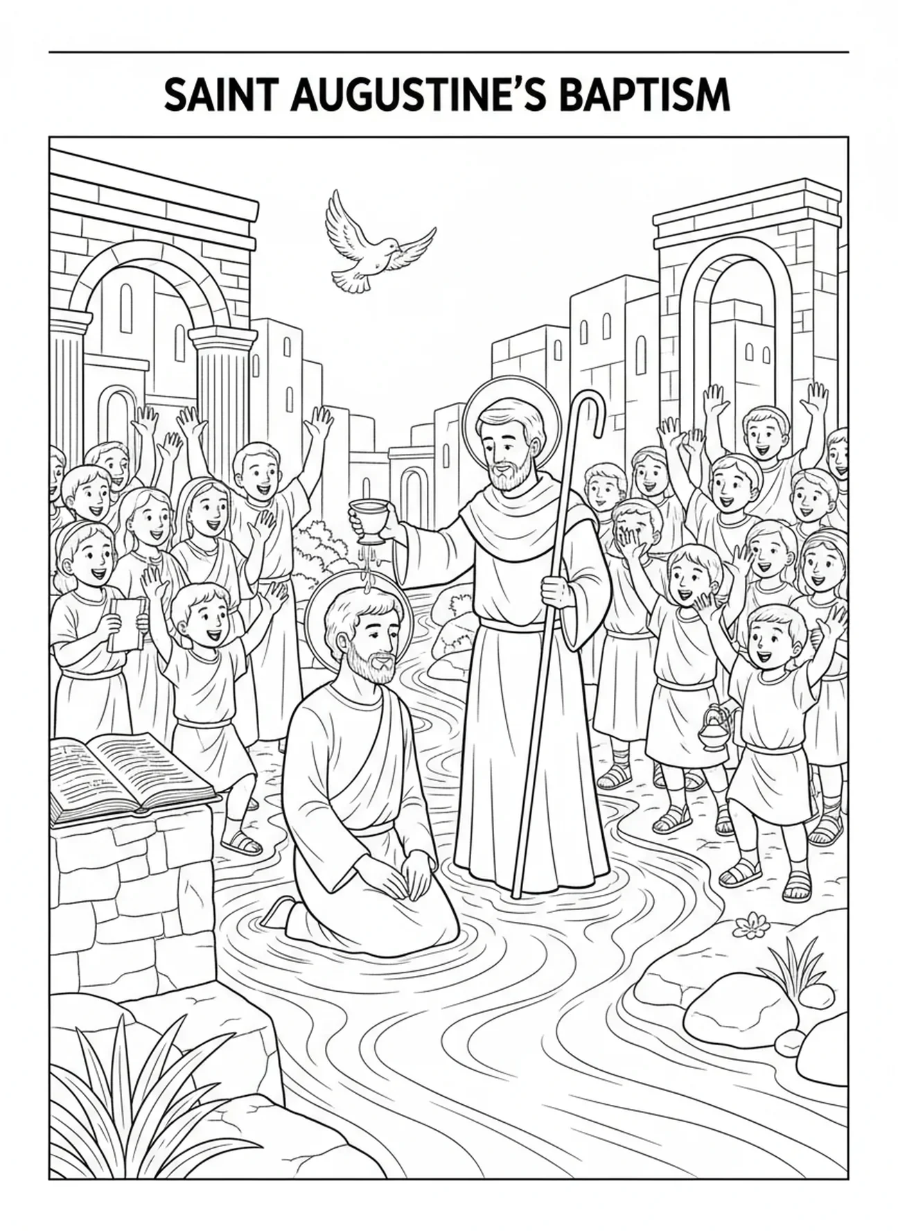 Augustinus wird im Fluss getauft, Ausmalbild von St. Augustinus für die Sonntagsschule für Kinder im Alter von 5-12 Jahren