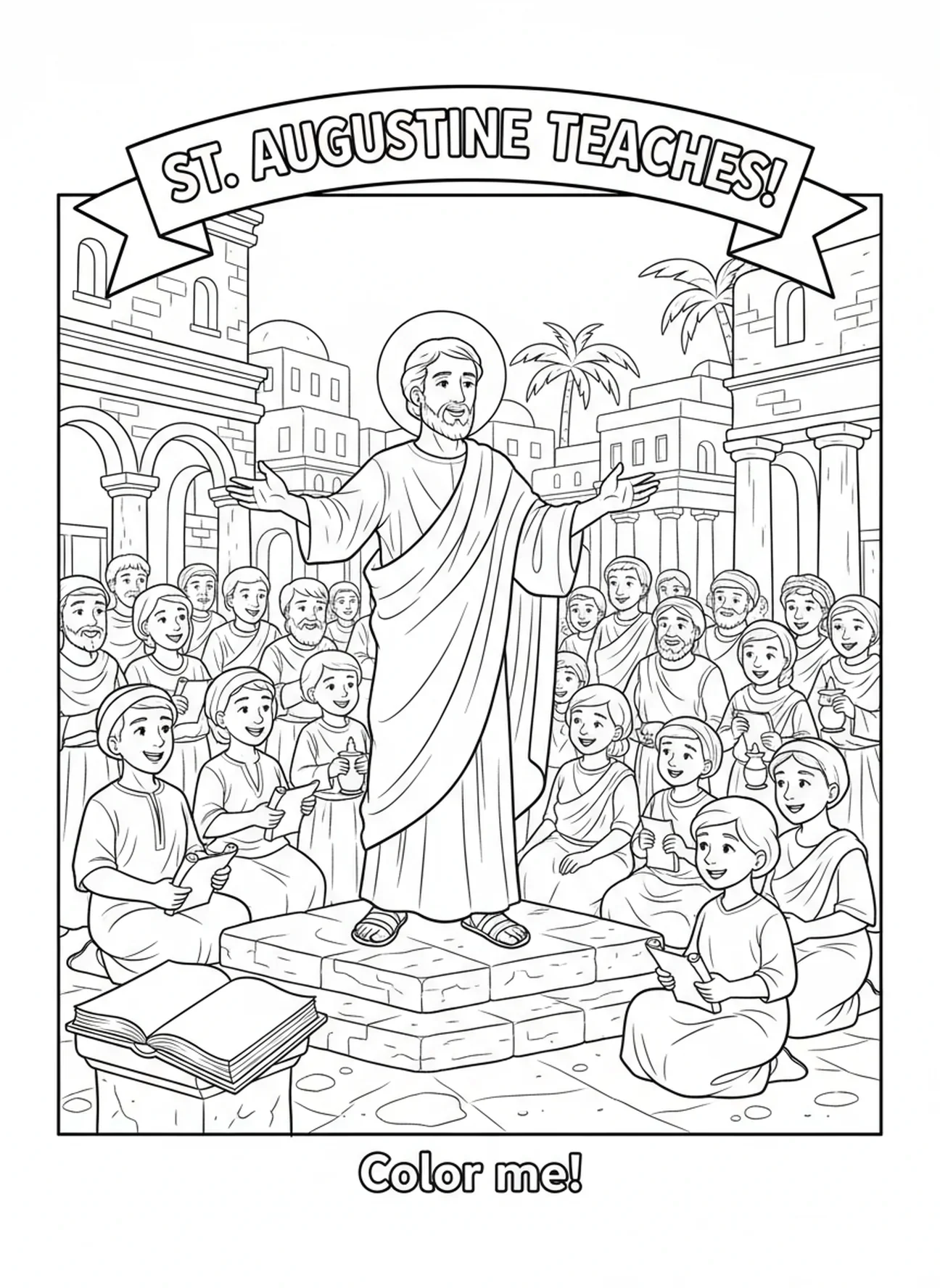 Augustinus predigt zu einer Menschenmenge, Ausmalbild von St. Augustinus für die Sonntagsschule für Kinder im Alter von 5-12 Jahren