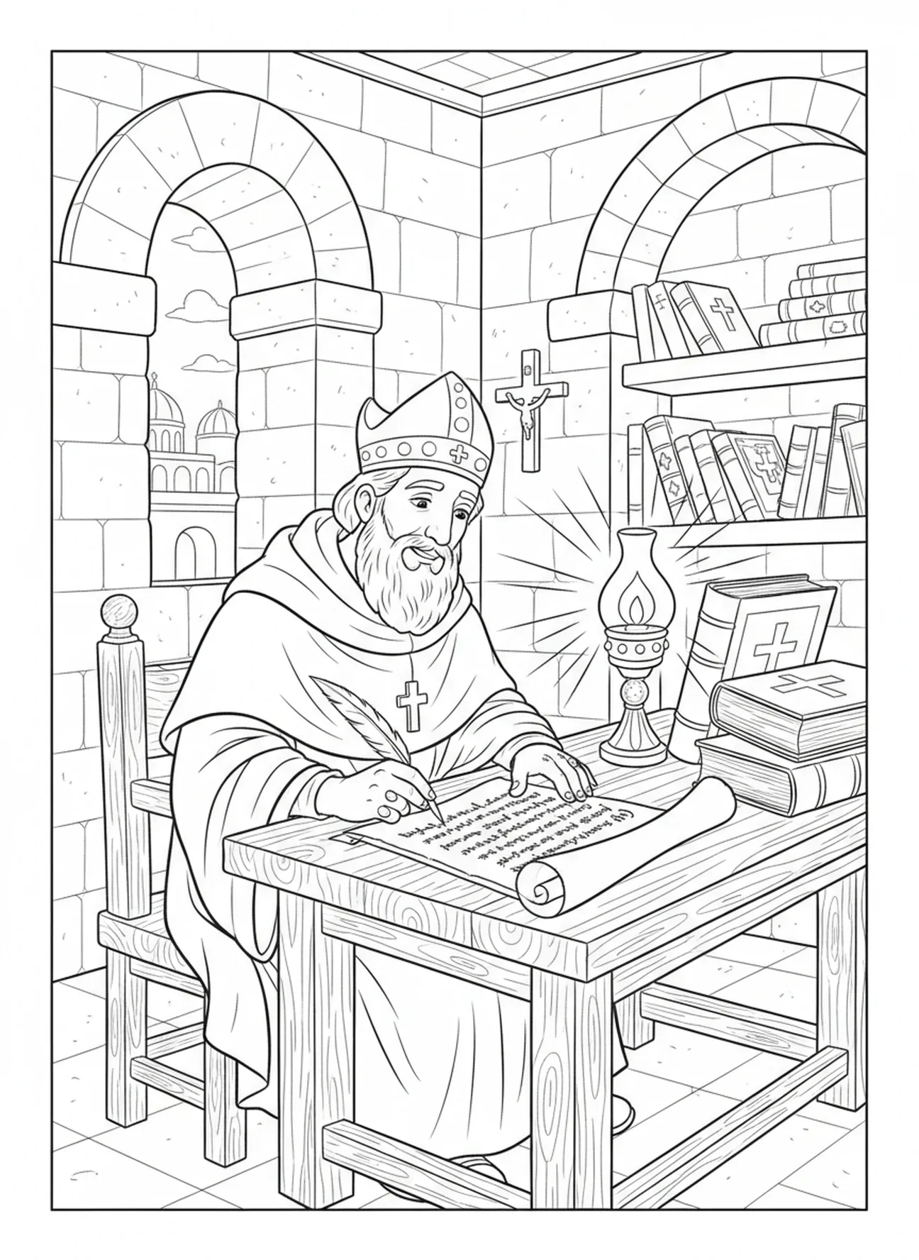 Augustinus, der auf einer Schriftrolle schreibt, Ausmalbild von St. Augustinus für die Sonntagsschule für Kinder im Alter von 5-12 Jahren