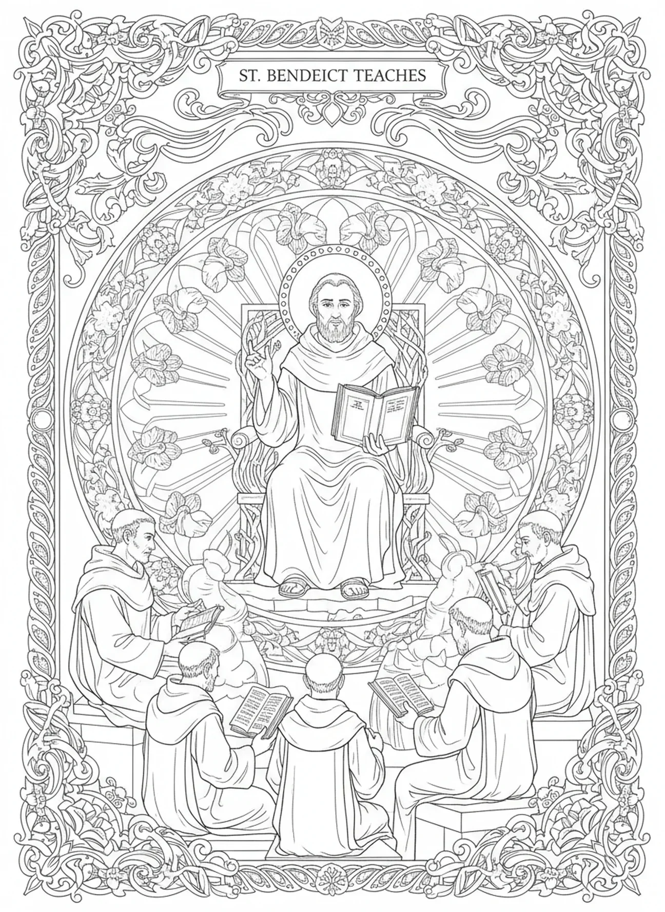 San Benito enseñando a los monjes, página para colorear de San Benito para adultos en estilo de journaling bíblico