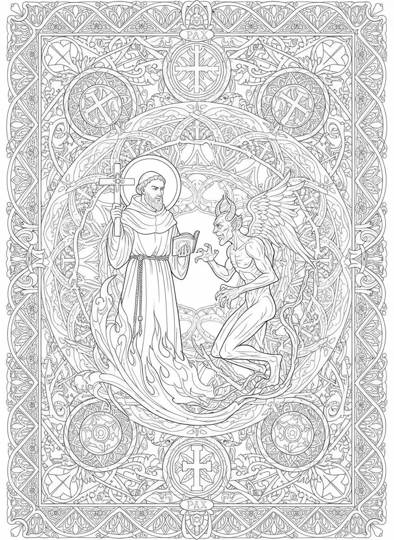 San Benito enfrentando al diablo, página para colorear de San Benito para adultos en estilo de journaling bíblico