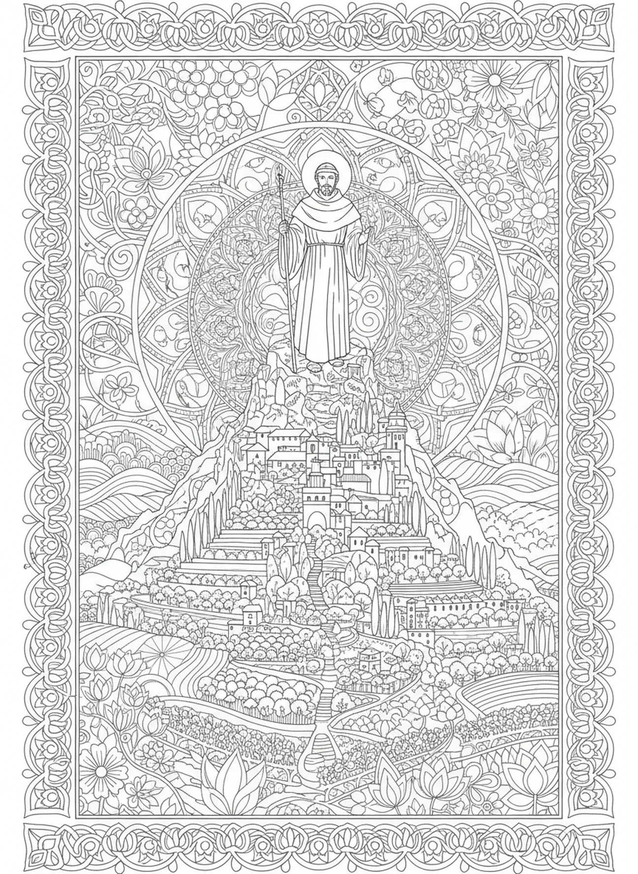 San Benito en Monte Cassino, página para colorear de San Benito para adultos en estilo de journaling bíblico