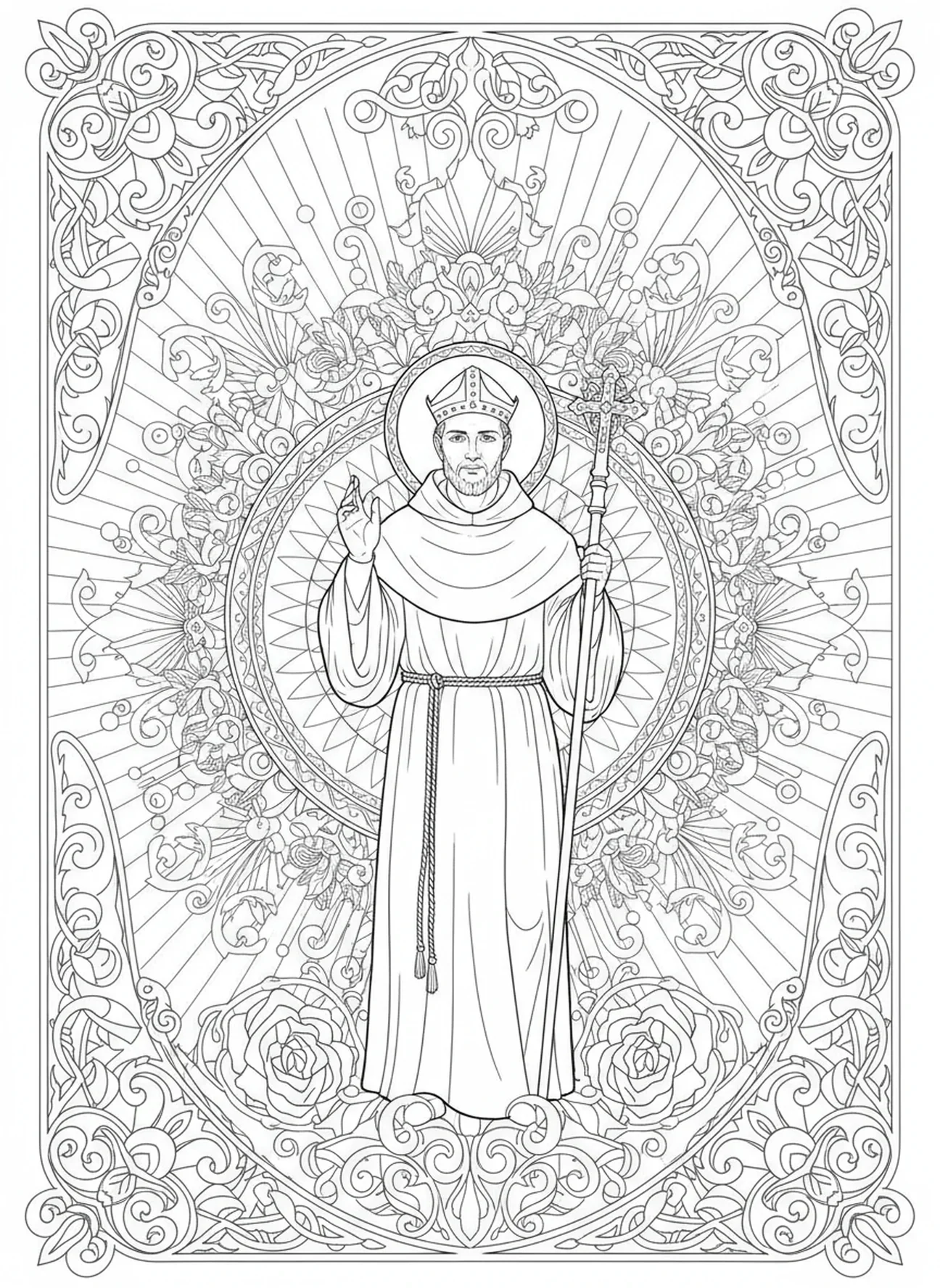 San Benito dando una bendición, página para colorear de San Benito para adultos en estilo de journaling bíblico