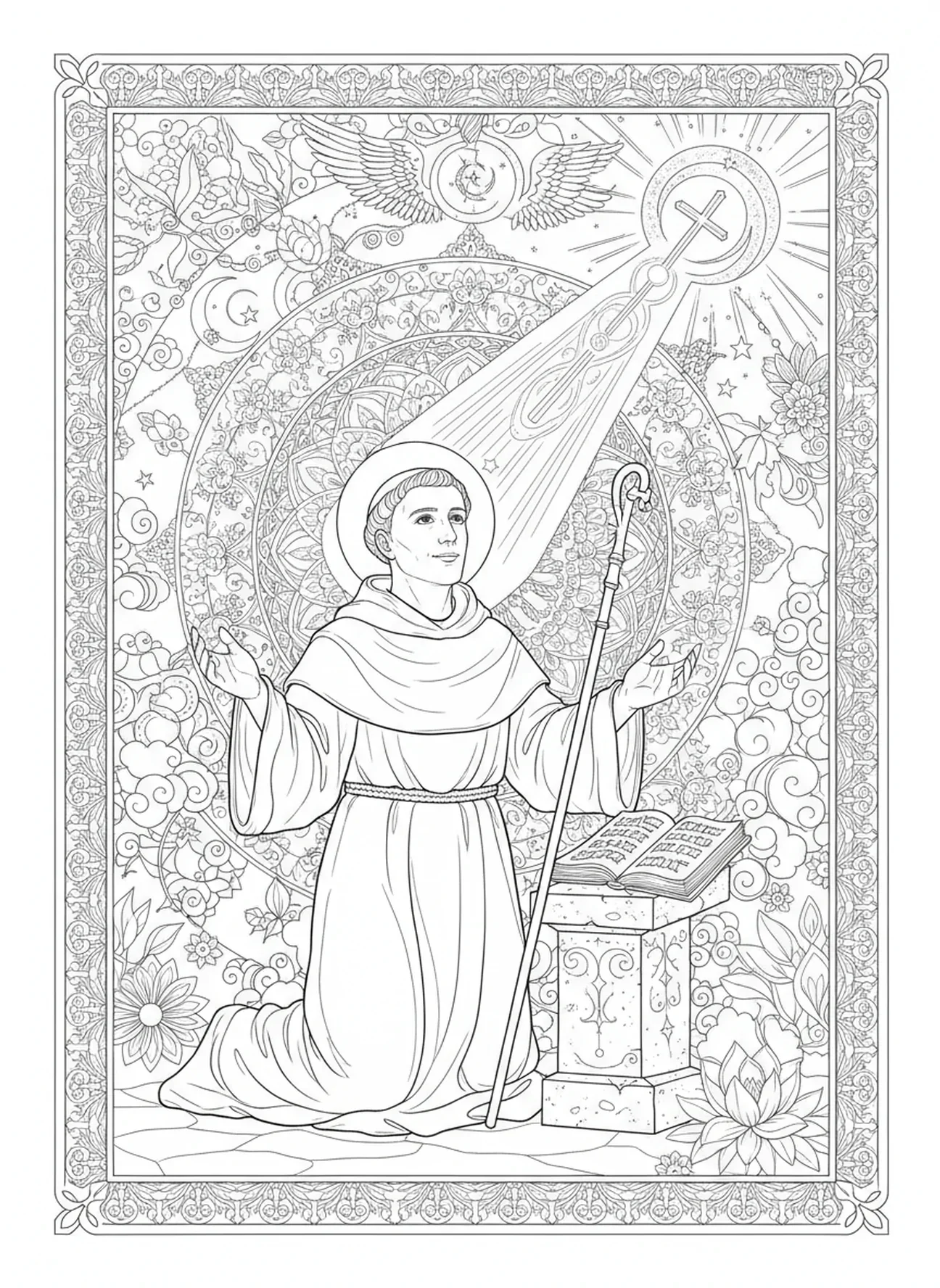 San Benito recibiendo una visión, página para colorear de San Benito estilo journaling bíblico para adultos