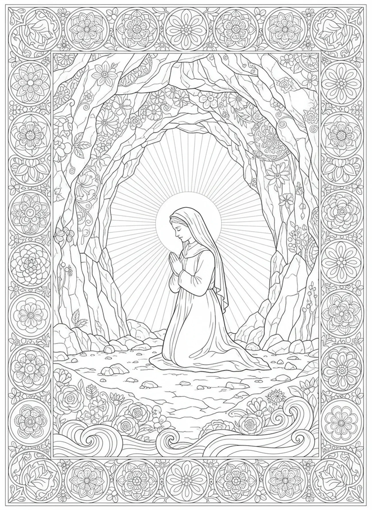 Bernadette priant à la grotte, page à colorier de Sainte Bernadette pour le journaling biblique pour adultes.