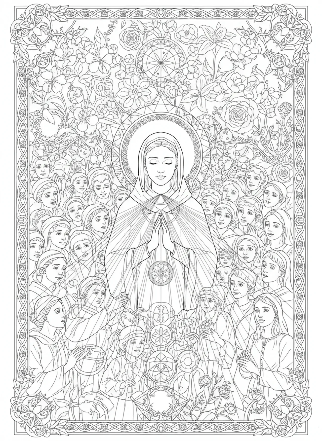 Bernadette au milieu d'une foule de guérison, page à colorier de Sainte Bernadette pour le style de journal biblique.