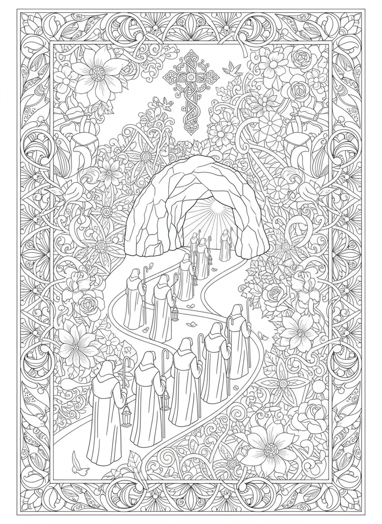 Croyants en procession vers la grotte, page à colorier de Sainte Bernadette pour le style de journal biblique pour adultes.