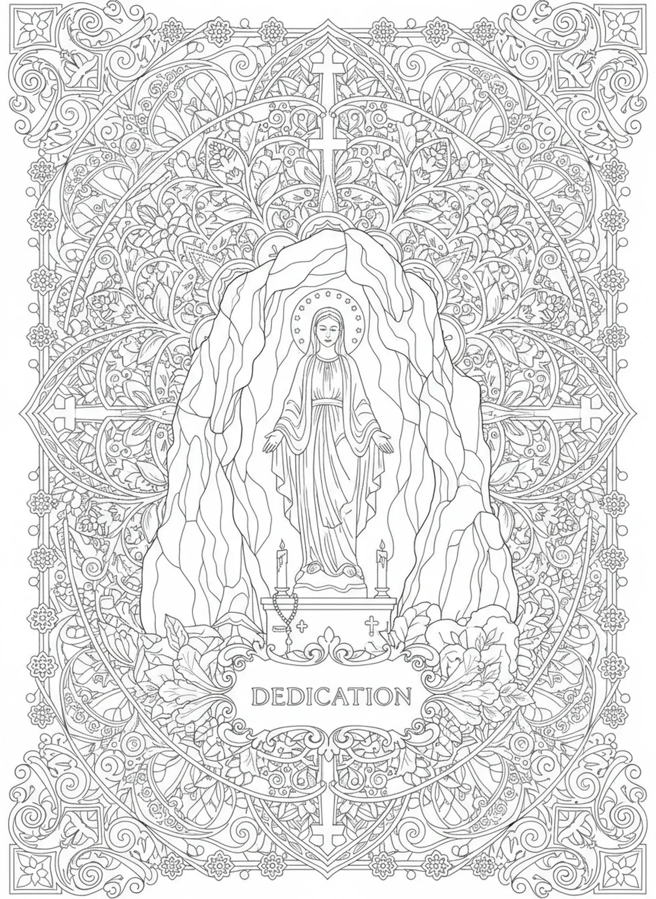 Page à colorier de la dédicace de la statue de Marie, style journal biblique pour adultes.