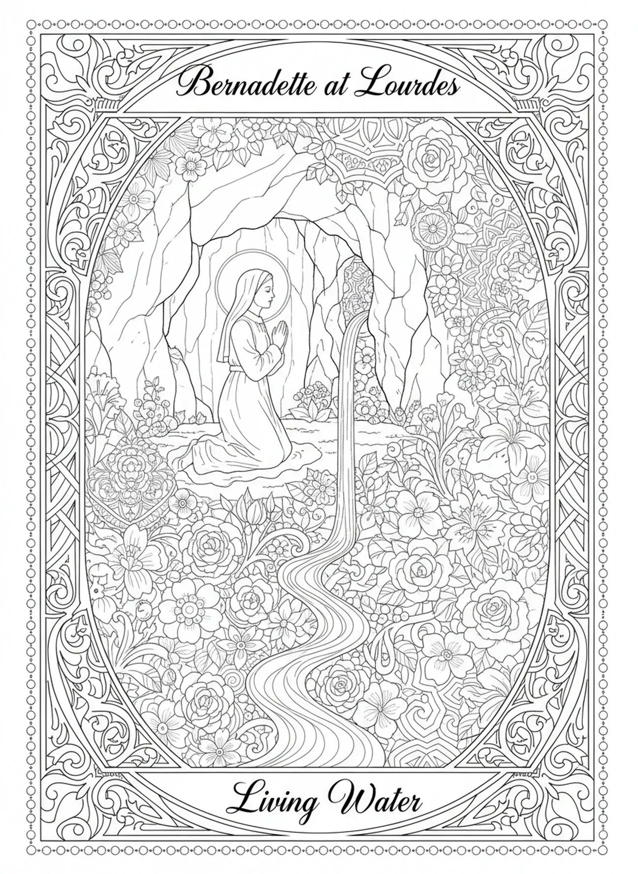 Bernadette découvrant une source d'eau, page à colorier de Sainte Bernadette pour le style de journal biblique.